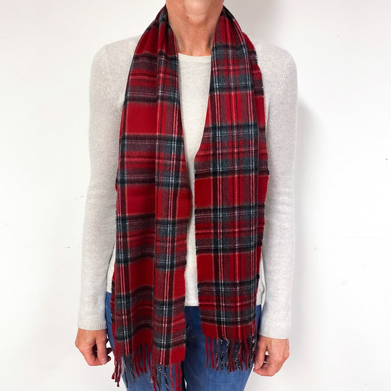 Red, Black and Grey Tartan Cashmere Fringed Woven Scarf