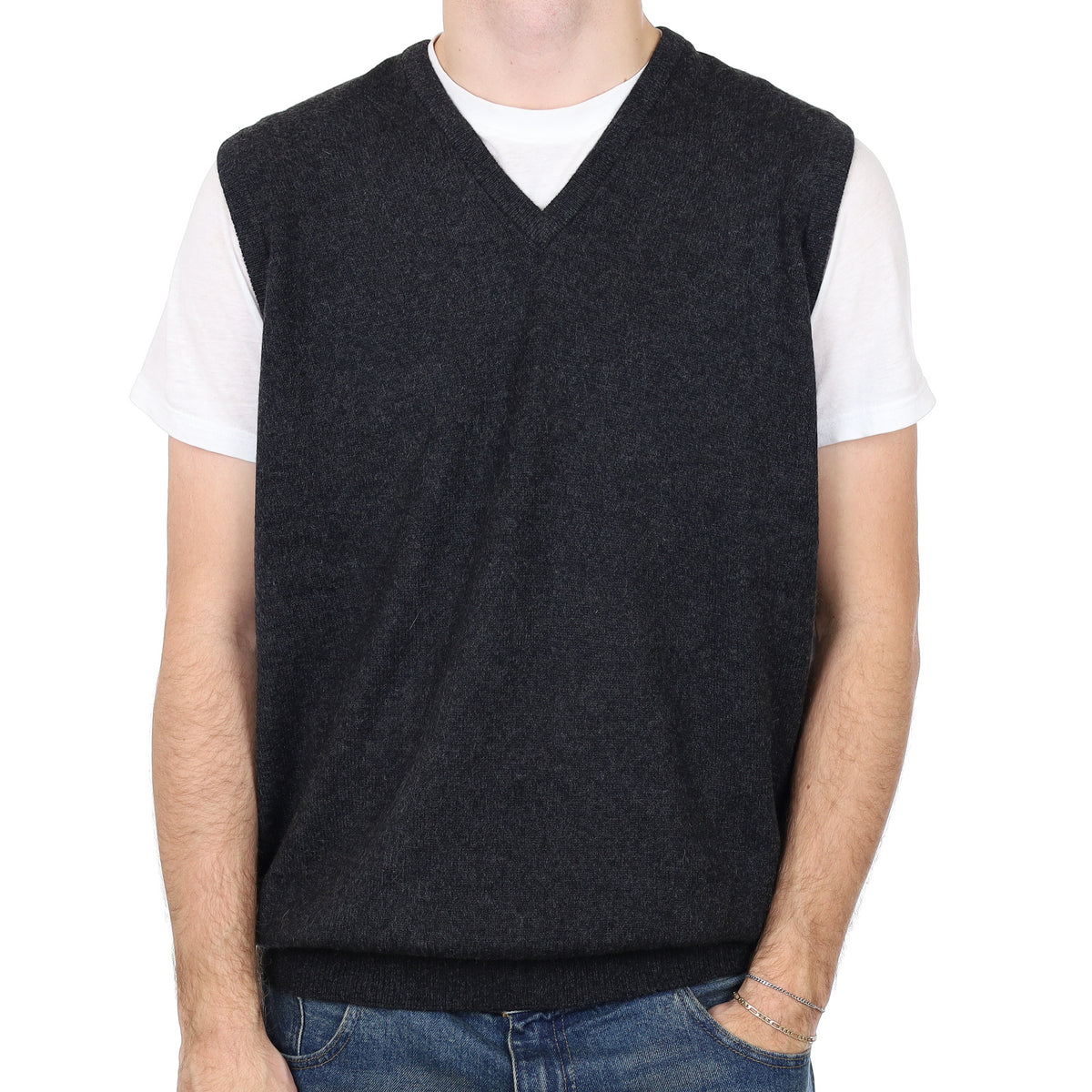Men’s Scottish Charcoal Grey Cashmere V Neck Tank Top Large