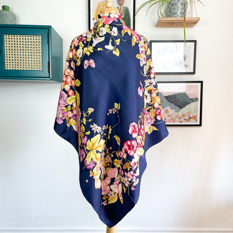Navy Floral Design Large Silk Scarf