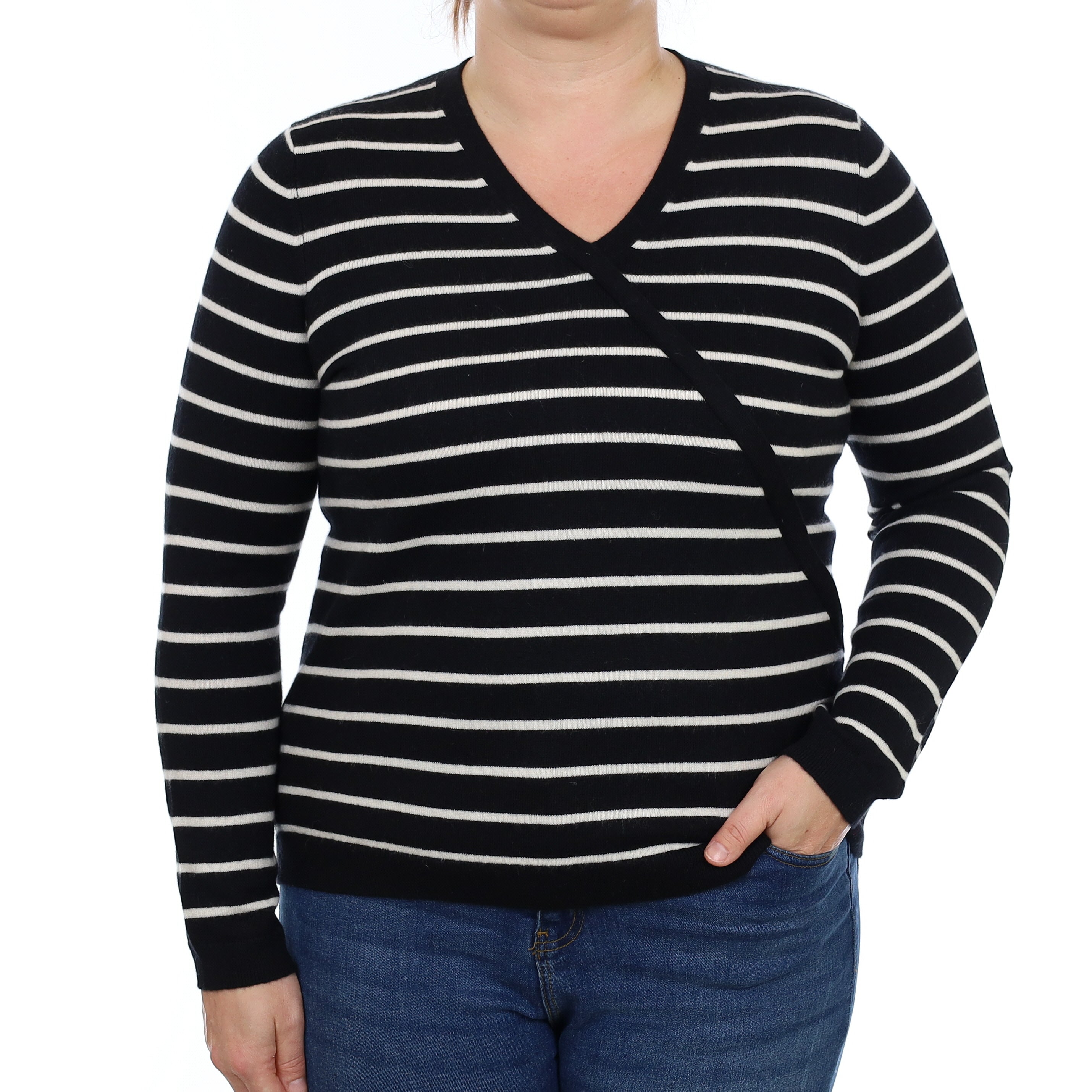 Black and Ivory Striped Cashmere V Neck Jumper Large