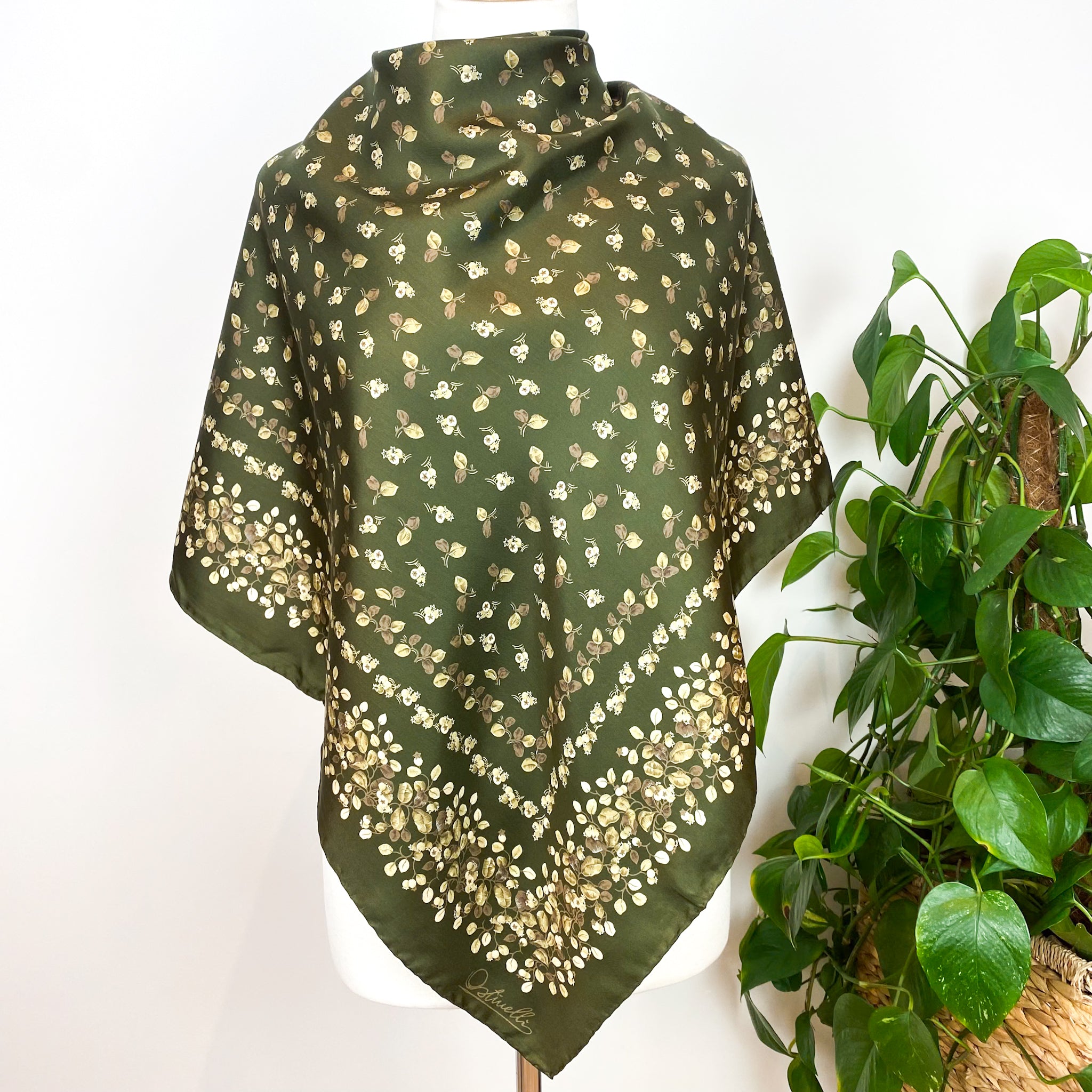 Ostinelli Italian Leaf Pattern Vintage Silk Scarf