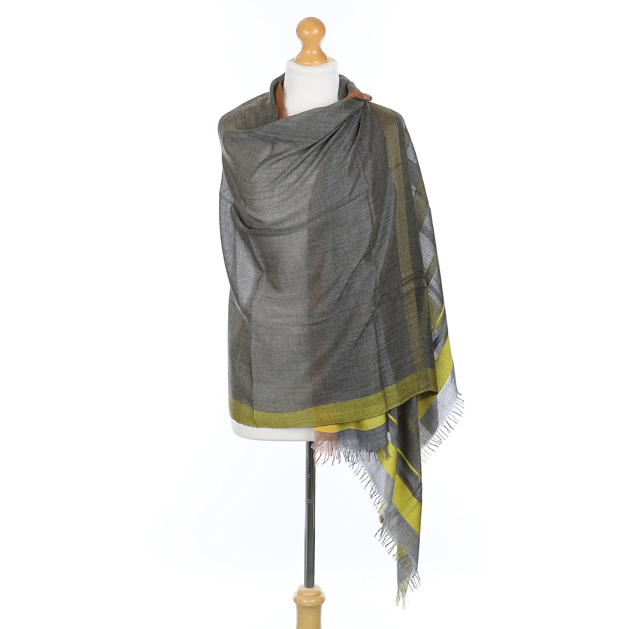 Scottish Begg & Co Grey, Yellow and Orange Striped Fine Woven Cashmere & Silk Wrap