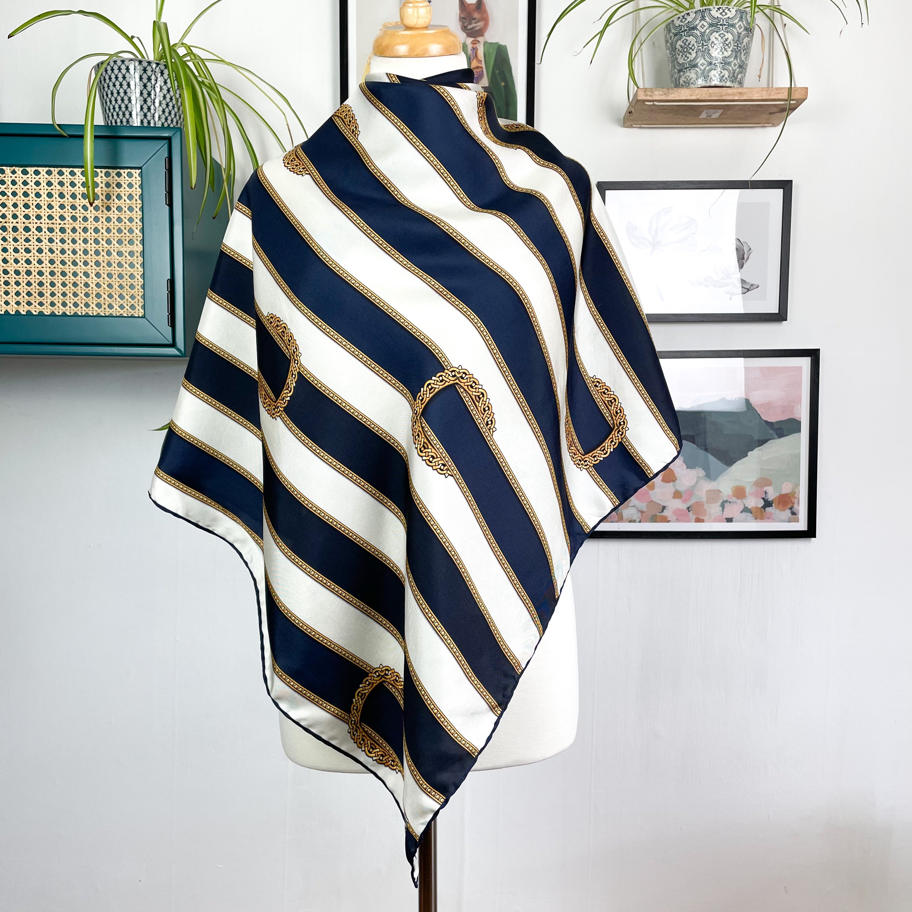 Navy and White Belt Design Silk Scarf
