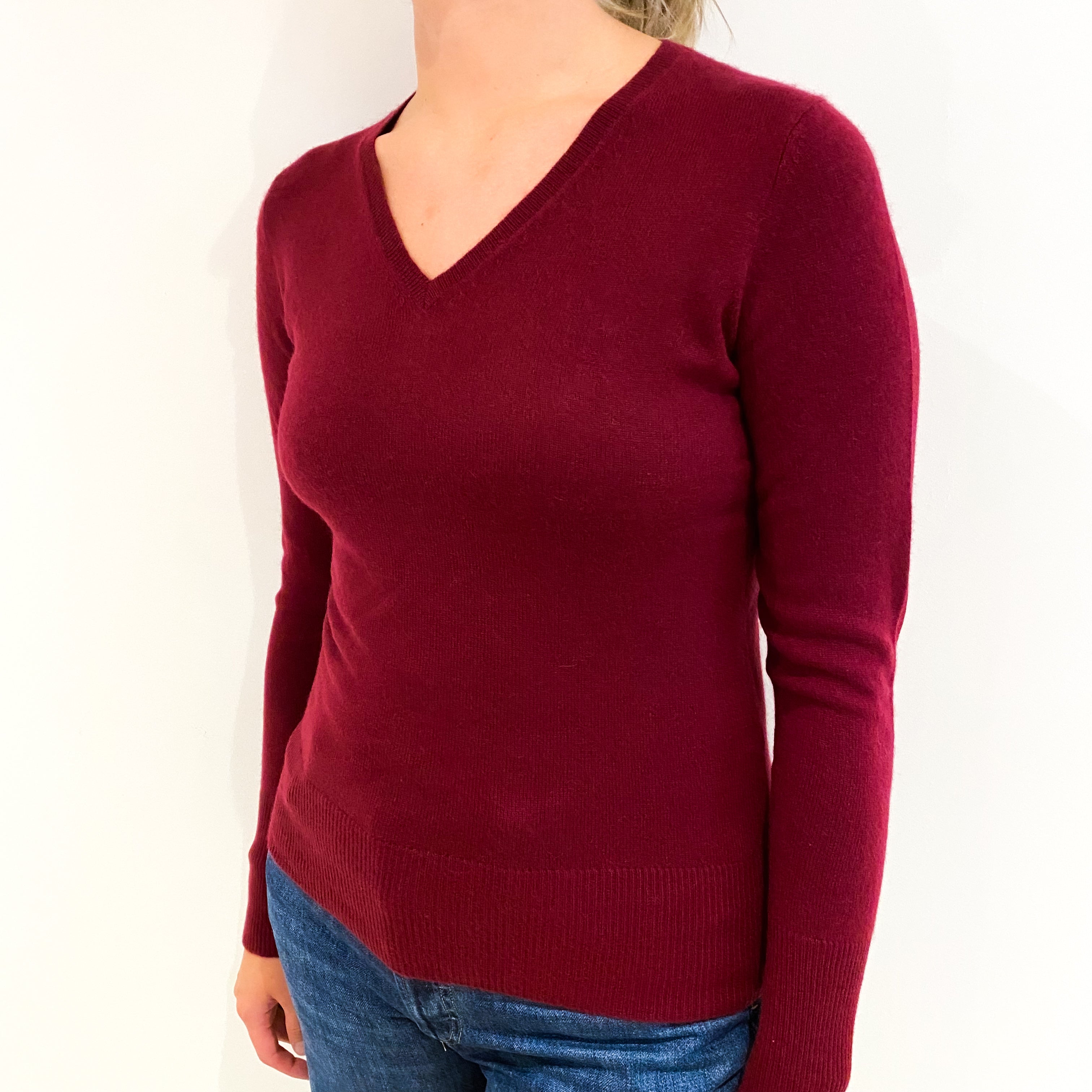 Wine Red Cashmere V-Neck Jumper Small