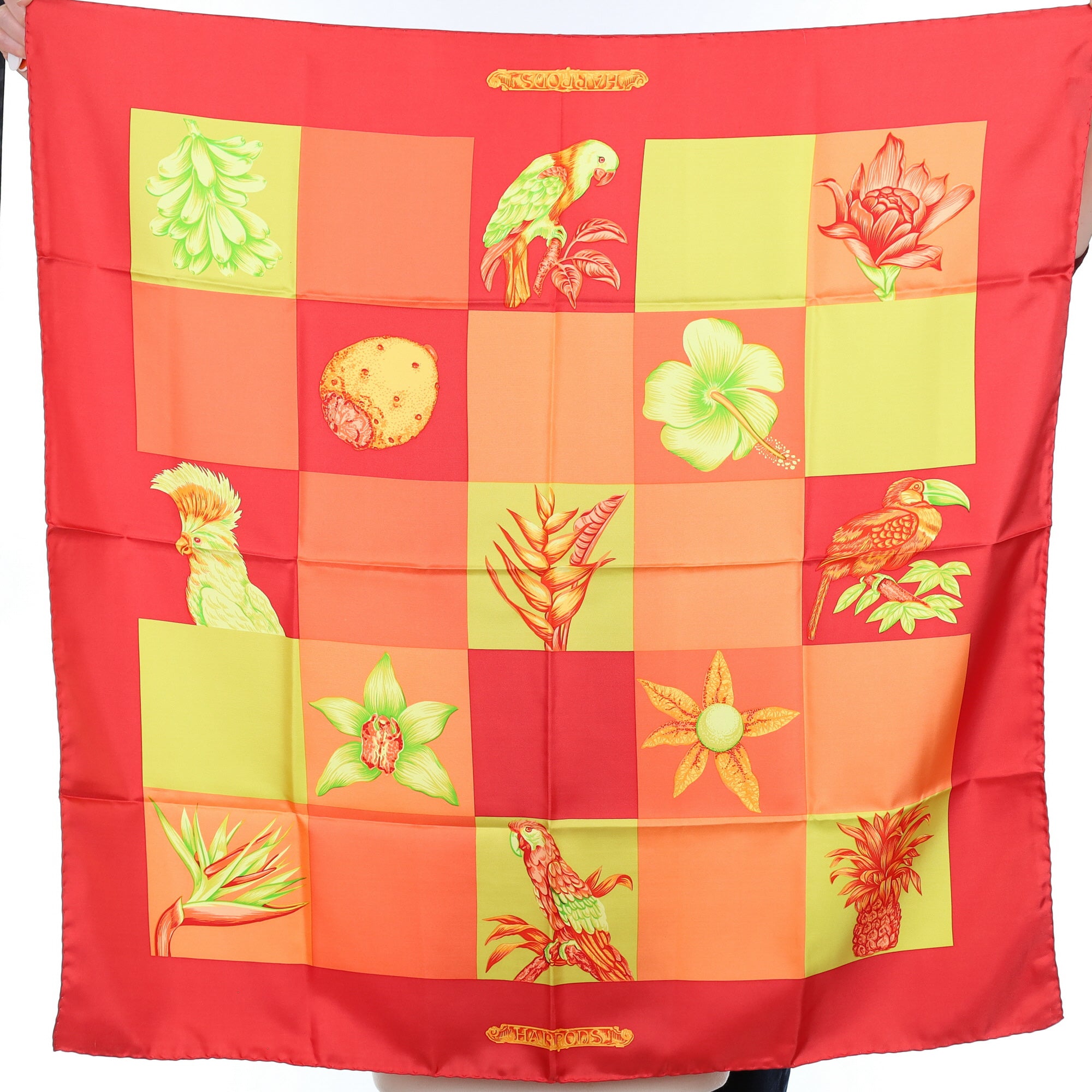 Brand New Harrods Red, Yellow and Orange Silk Scarf