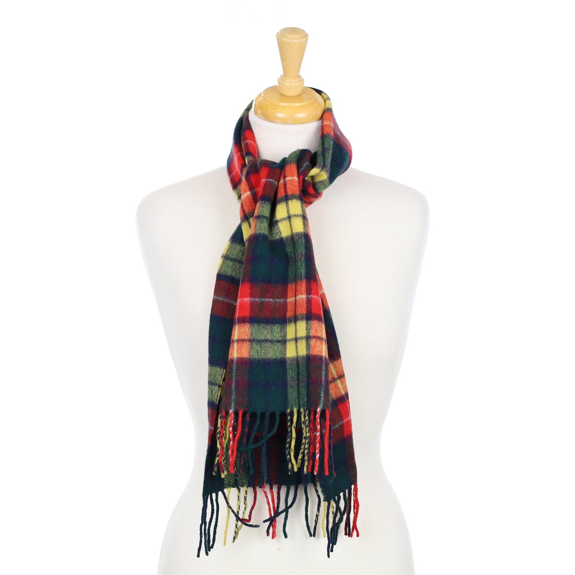 Green Yellow and Red Checked Cashmere Woven Scarf