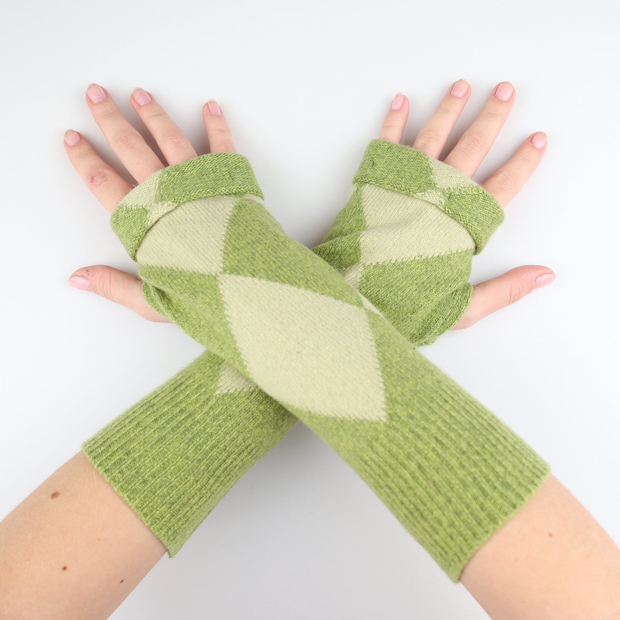 Lichen Green Diamond Patterned Fingerless Gloves