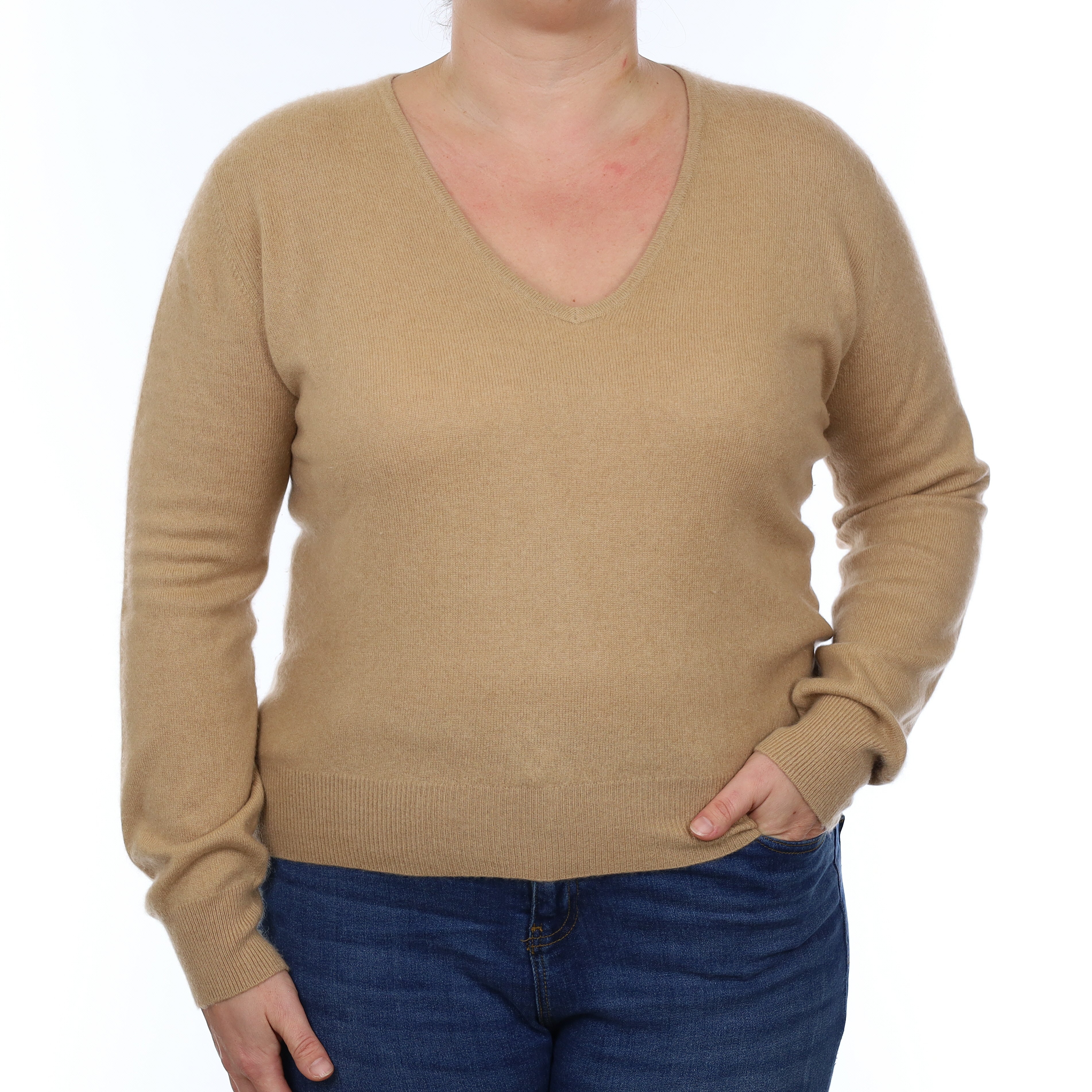 Caramel Brown Cashmere Boxy V Neck Jumper Large