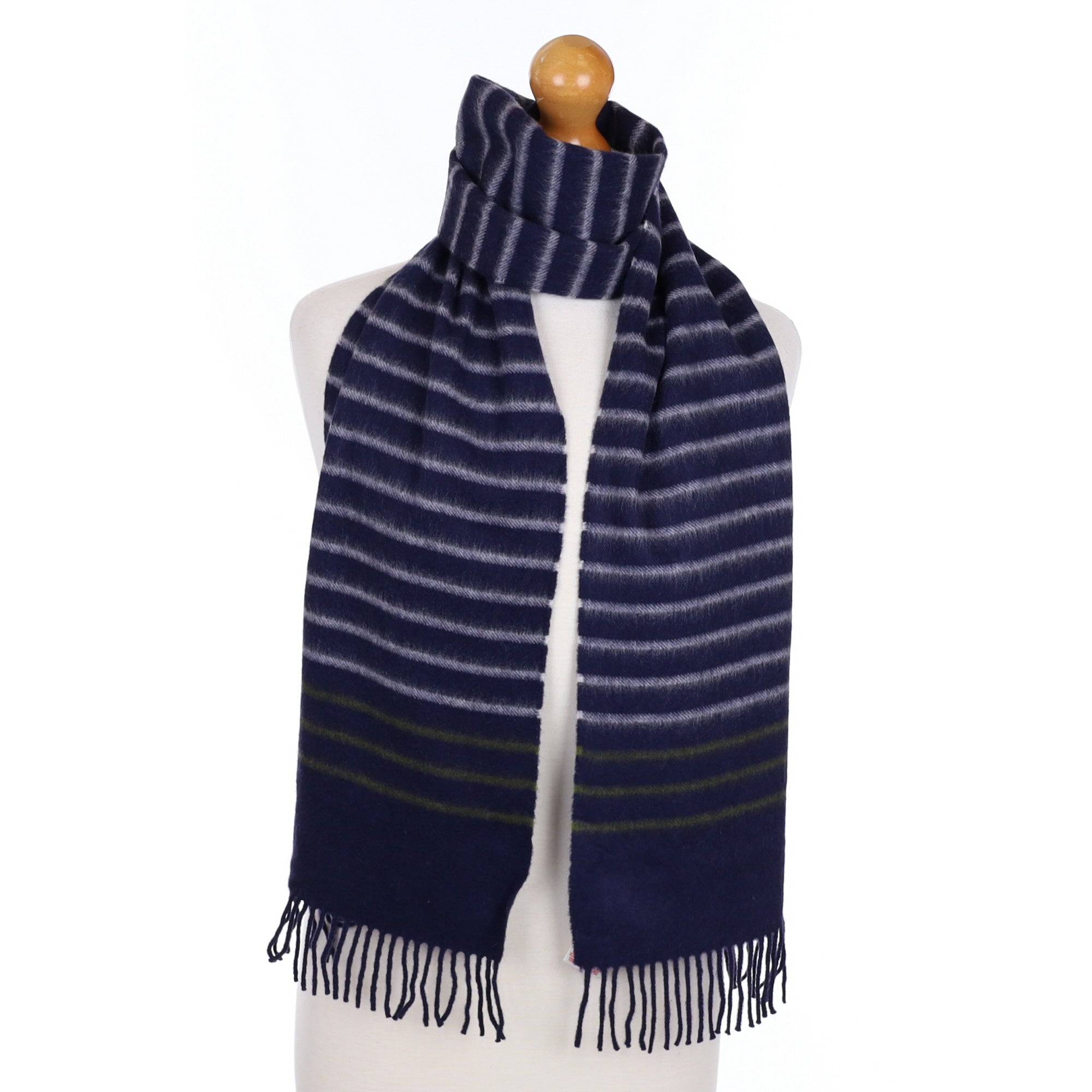 Navy and White Stripe Cashmere Tasselled Woven Scarf