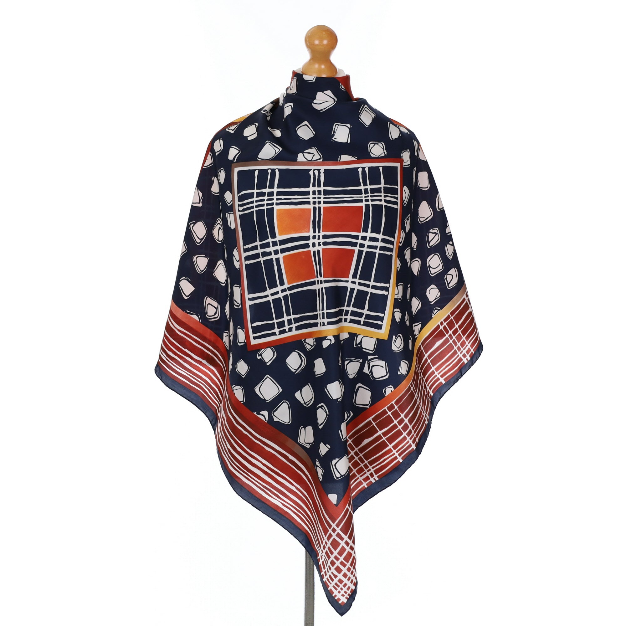 Abstract Checked Navy and Brown Vintage Silk Scarf