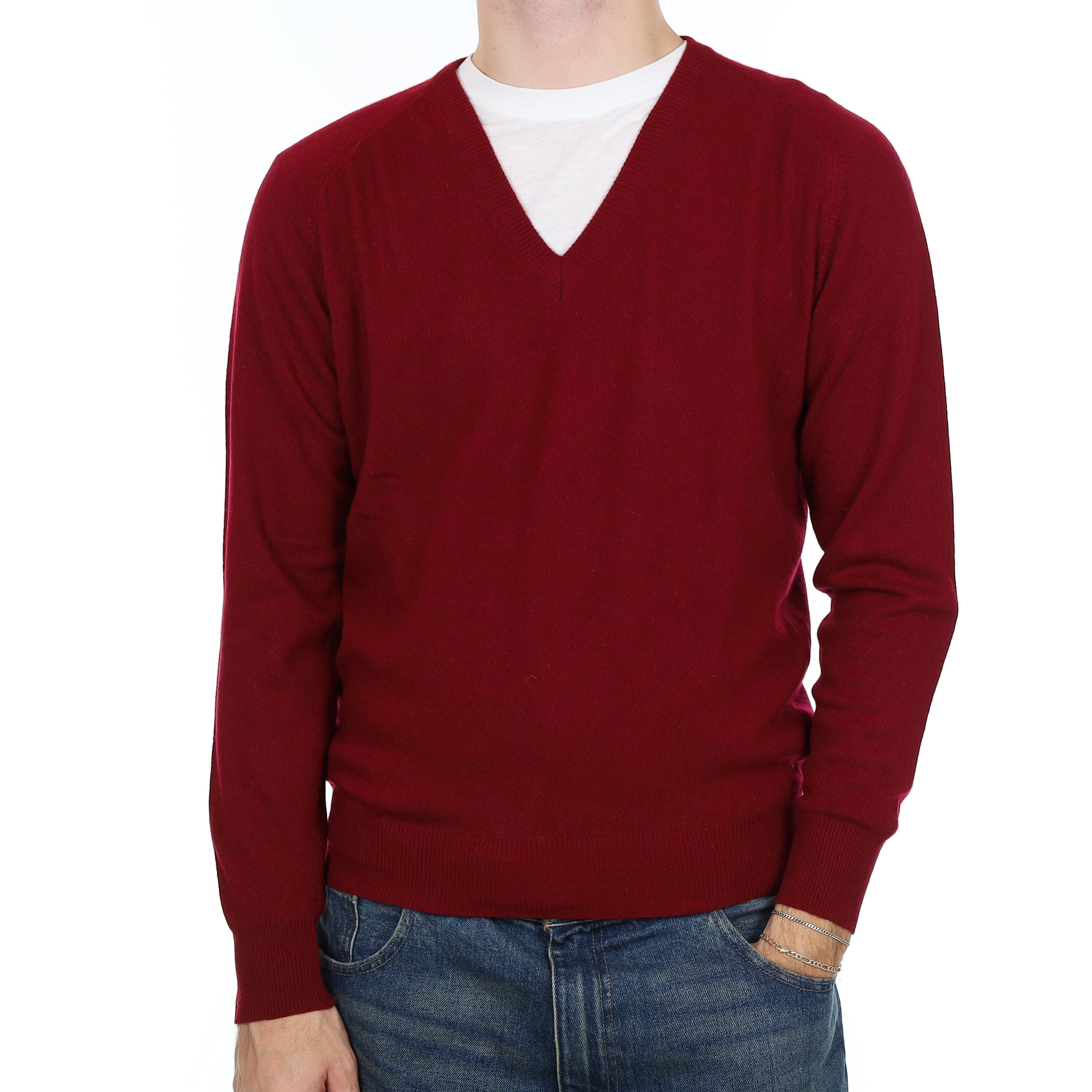 Men’s Burgundy Red Cashmere V Neck Jumper Large
