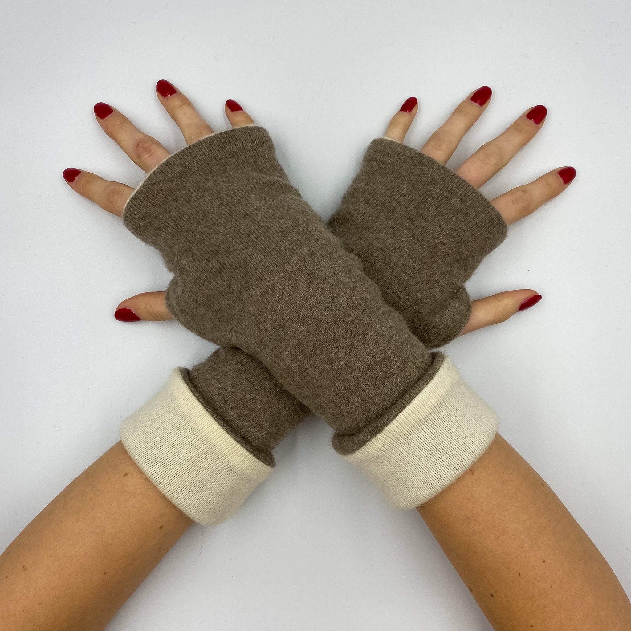 Latte and Ivory Luxury Reversible Cashmere Fingerless Gloves