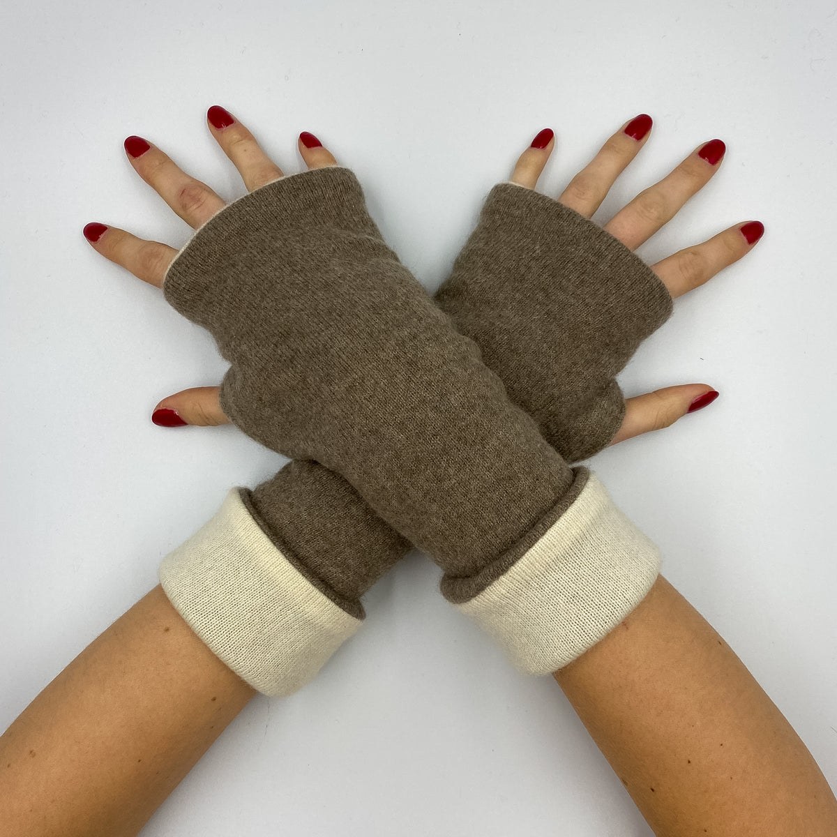 Latte and Ivory Luxury Reversible Cashmere Fingerless Gloves