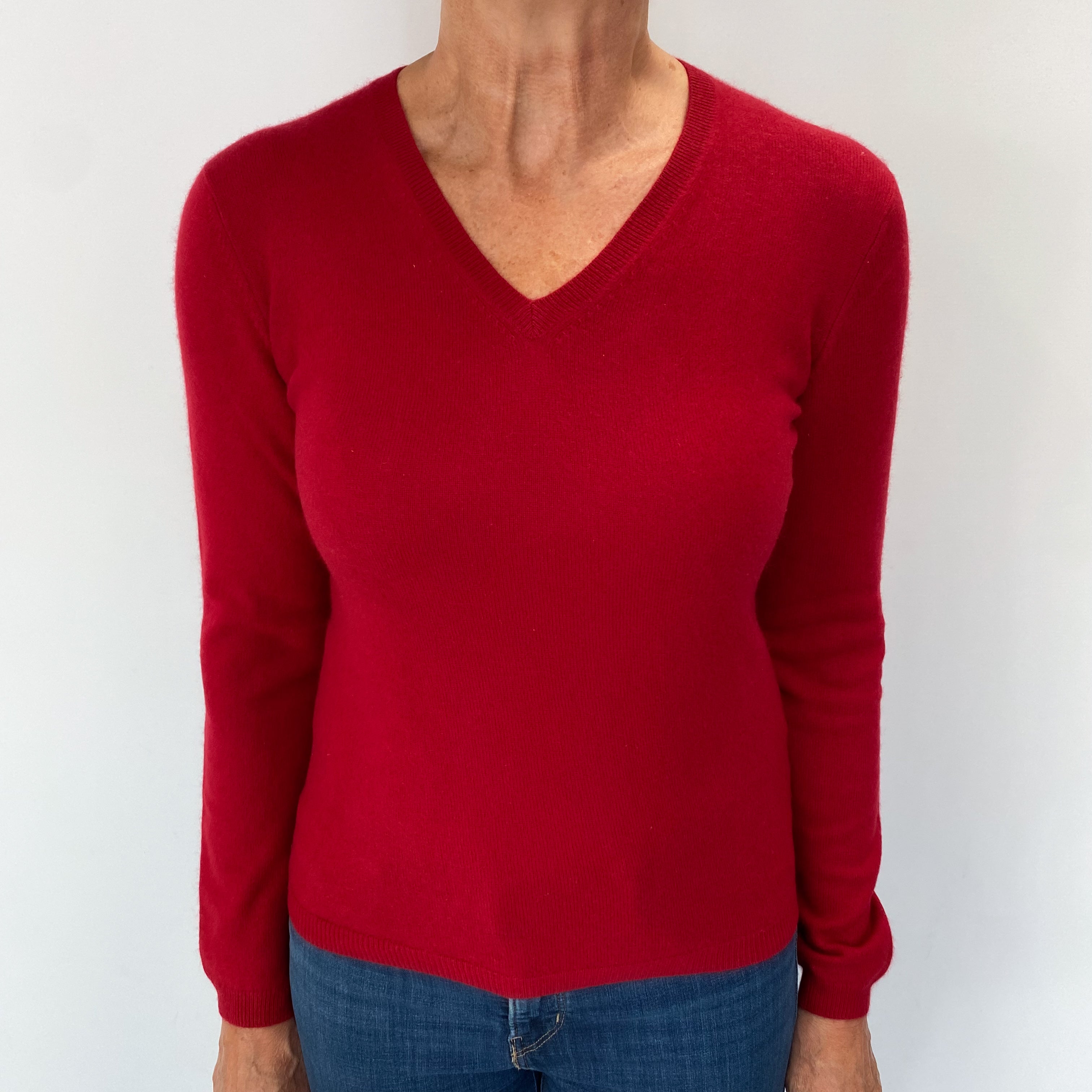 Post Box Red Cashmere V Neck Jumper Medium