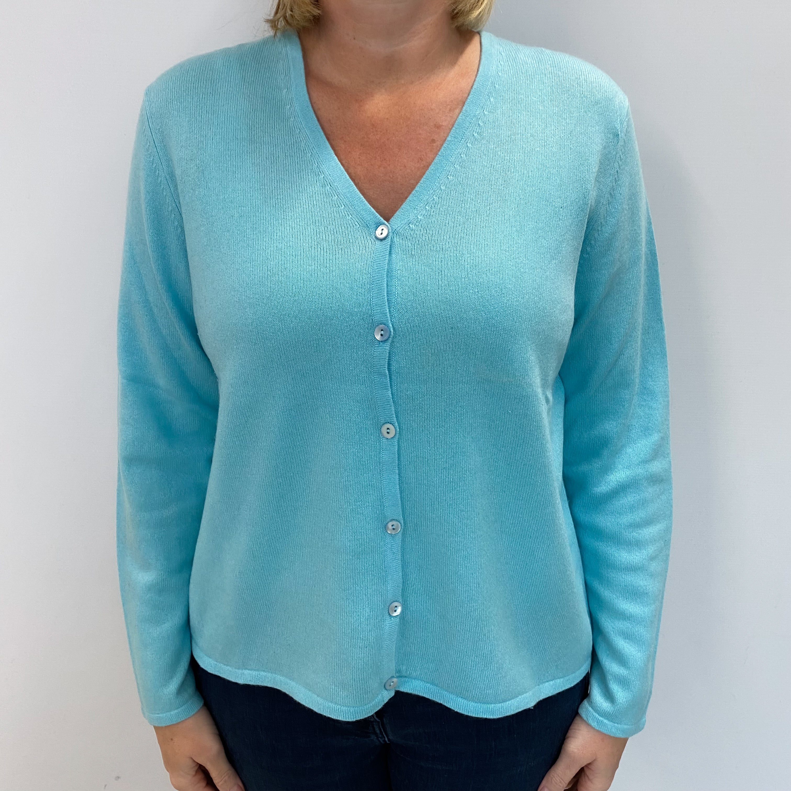 Aqua Blue Cashmere V Neck Cardigan Large