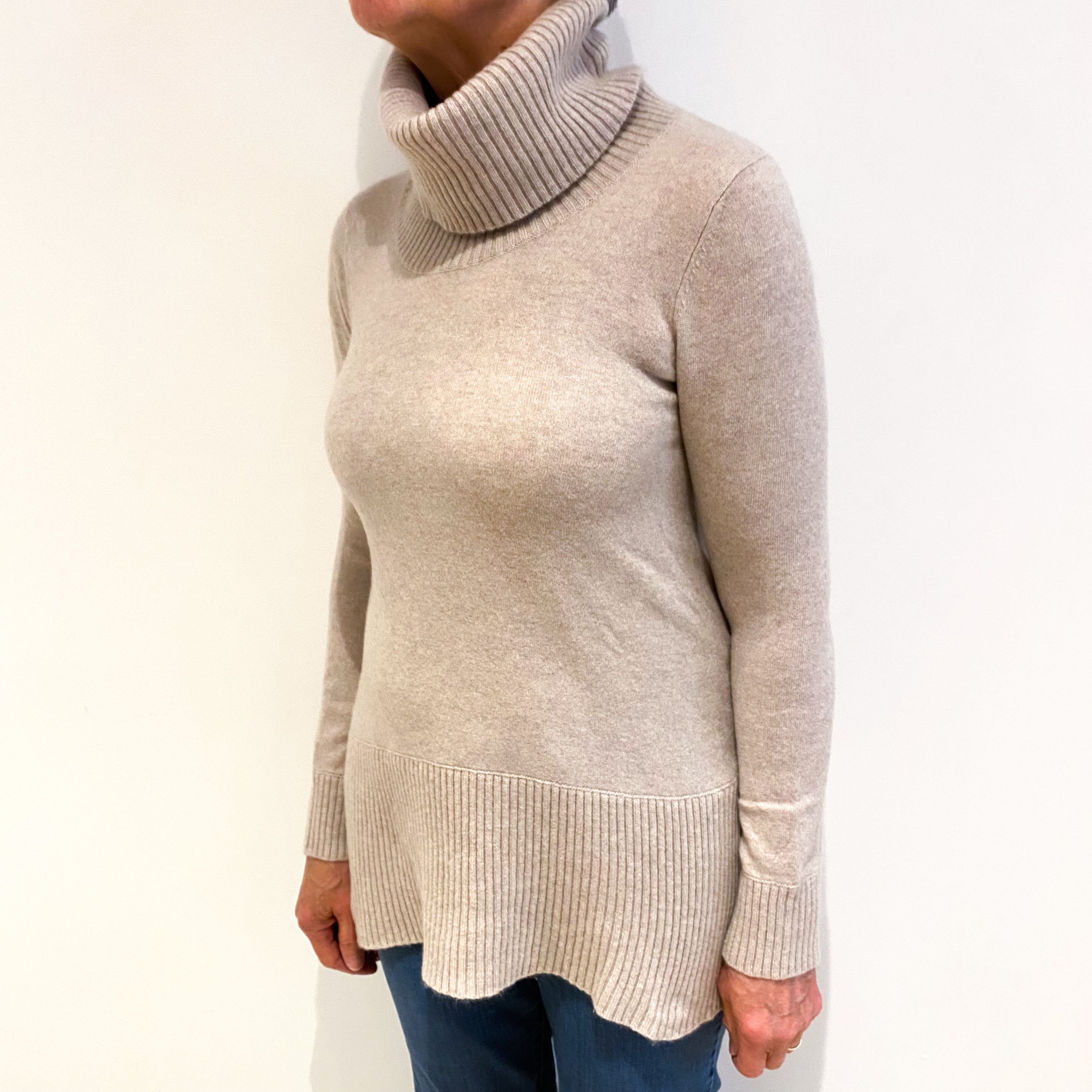 Biscuit Beige Cashmere Cowl Neck Longline Jumper Medium