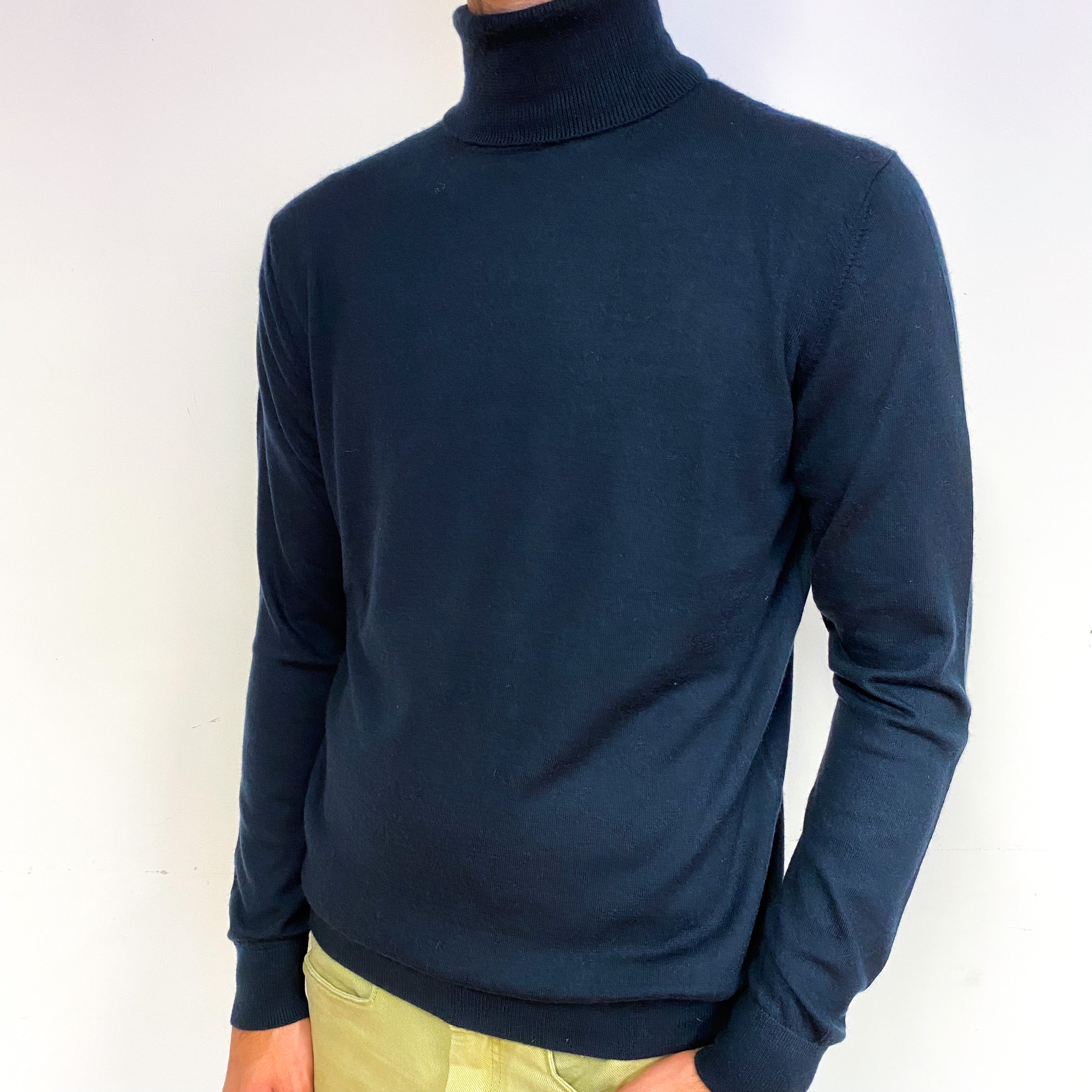 Men's Dark Navy Fine Knit Cashmere Polo Neck Jumper Large