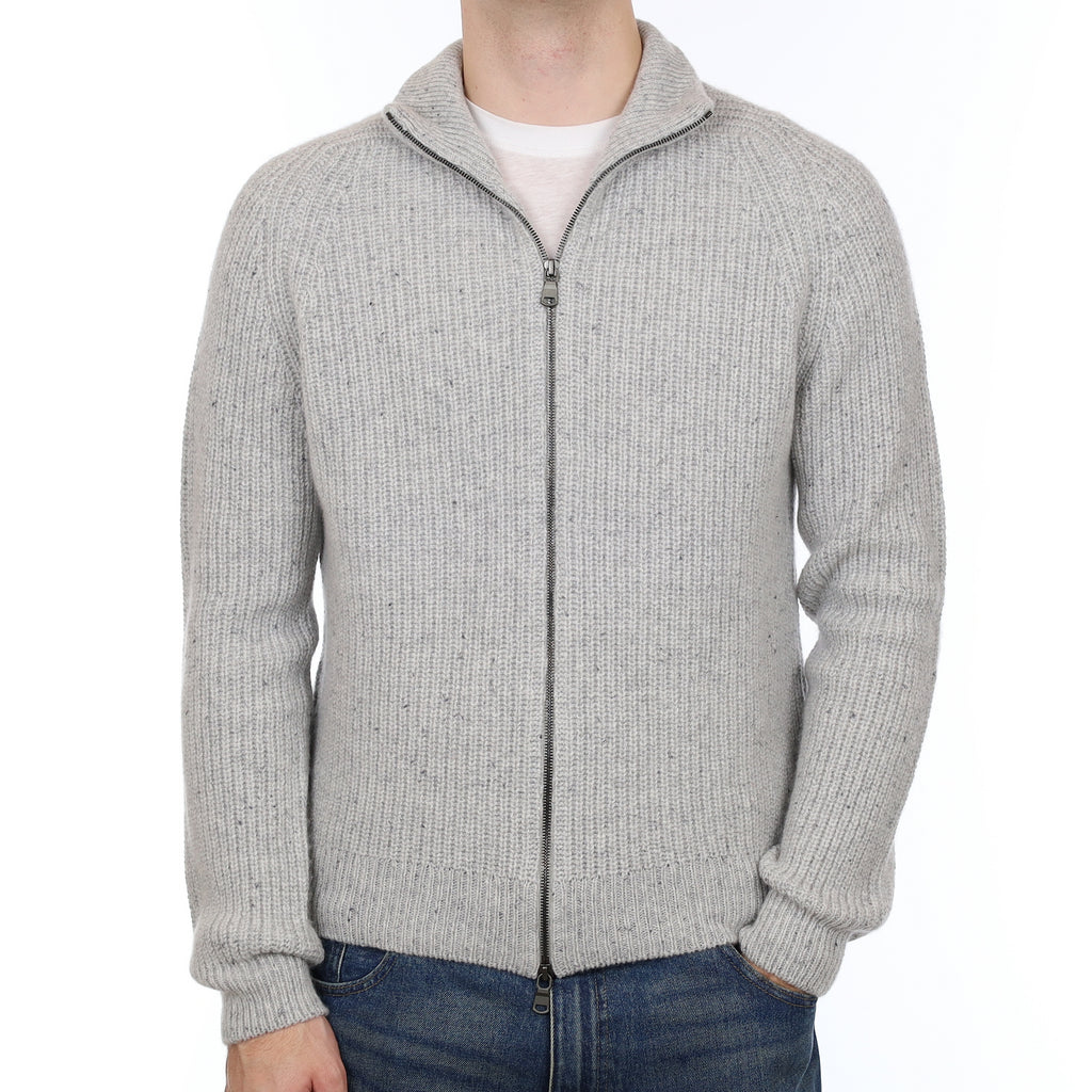 Men’s Brand New Scottish Grey Flecked Chunky Cashmere Zip Up Cardigan Medium