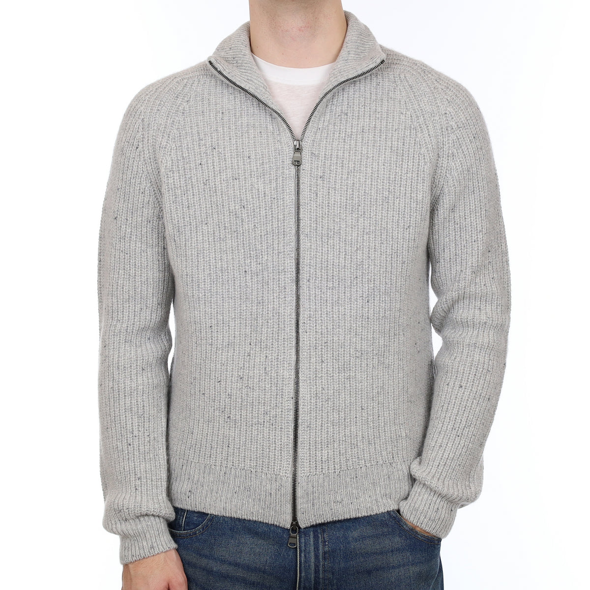Men’s Brand New Scottish Grey Flecked Chunky Cashmere Zip Up Cardigan Medium