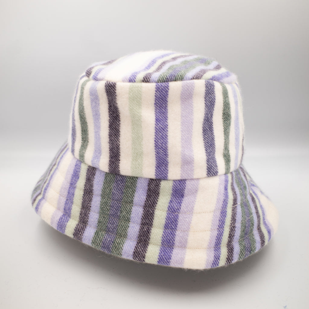 Cream with Purple and Green Stripes Reversible Cashmere Bucket Hat Small