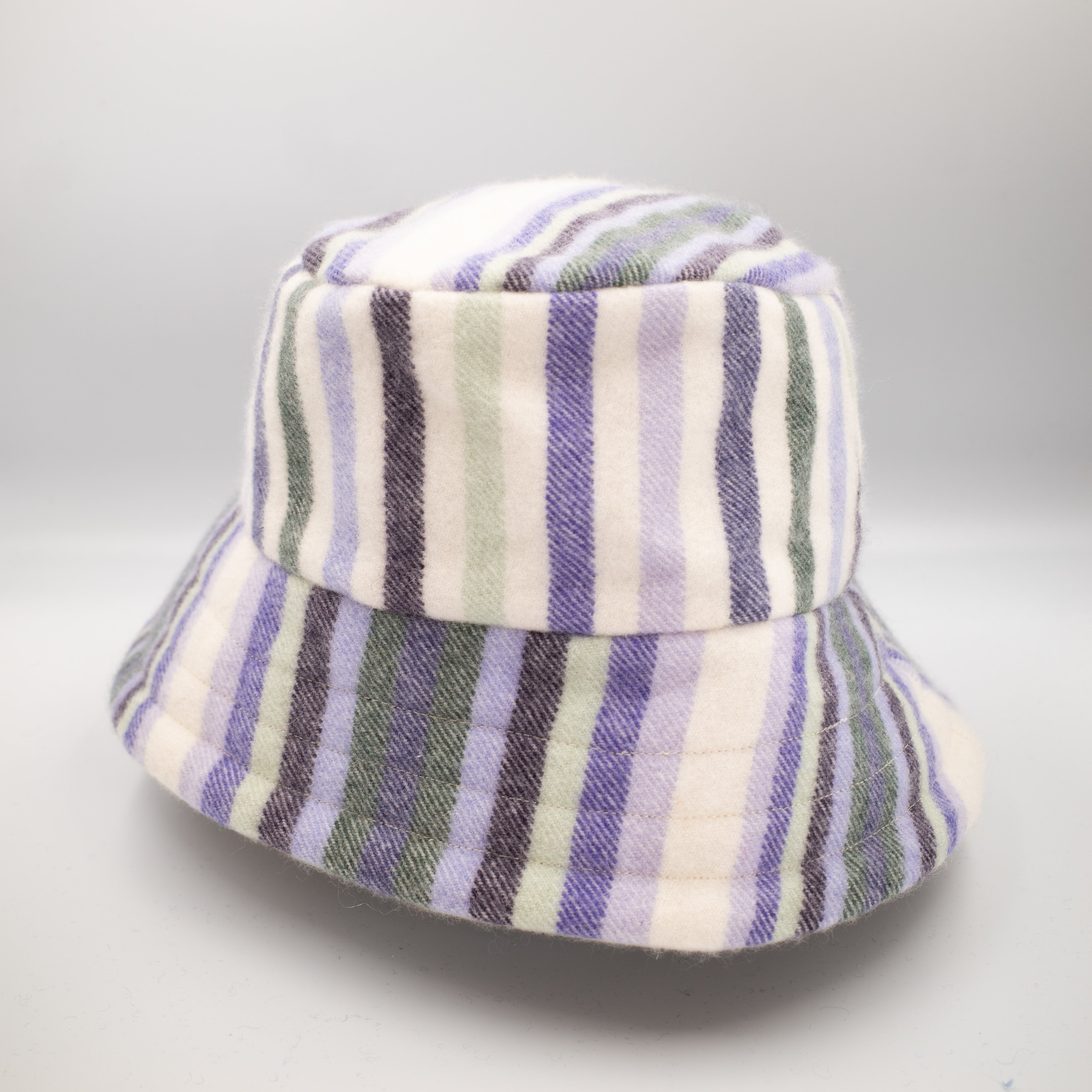 Cream with Purple and Green Stripes Reversible Cashmere Bucket Hat Small