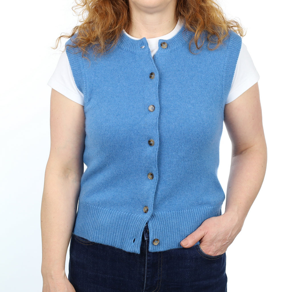 Brand New Mediterranean Blue Luxury Cashmere Crew Neck Waistcoat Medium UK 12-14