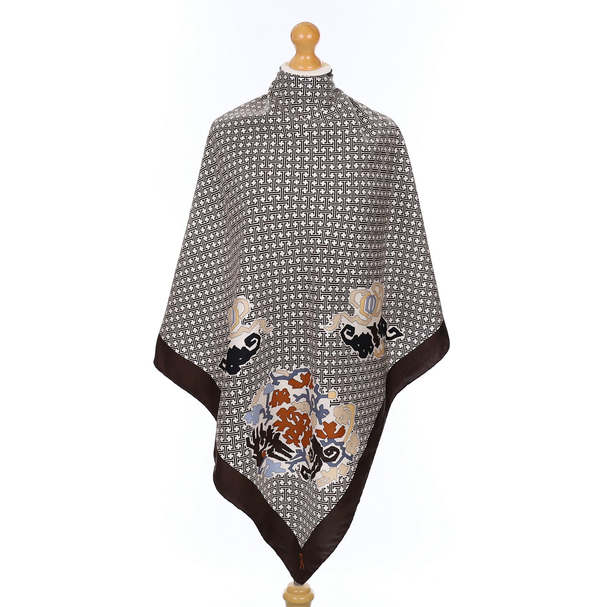 Italian Dark Brown Patterned Abstract Vintage Silk Scarf