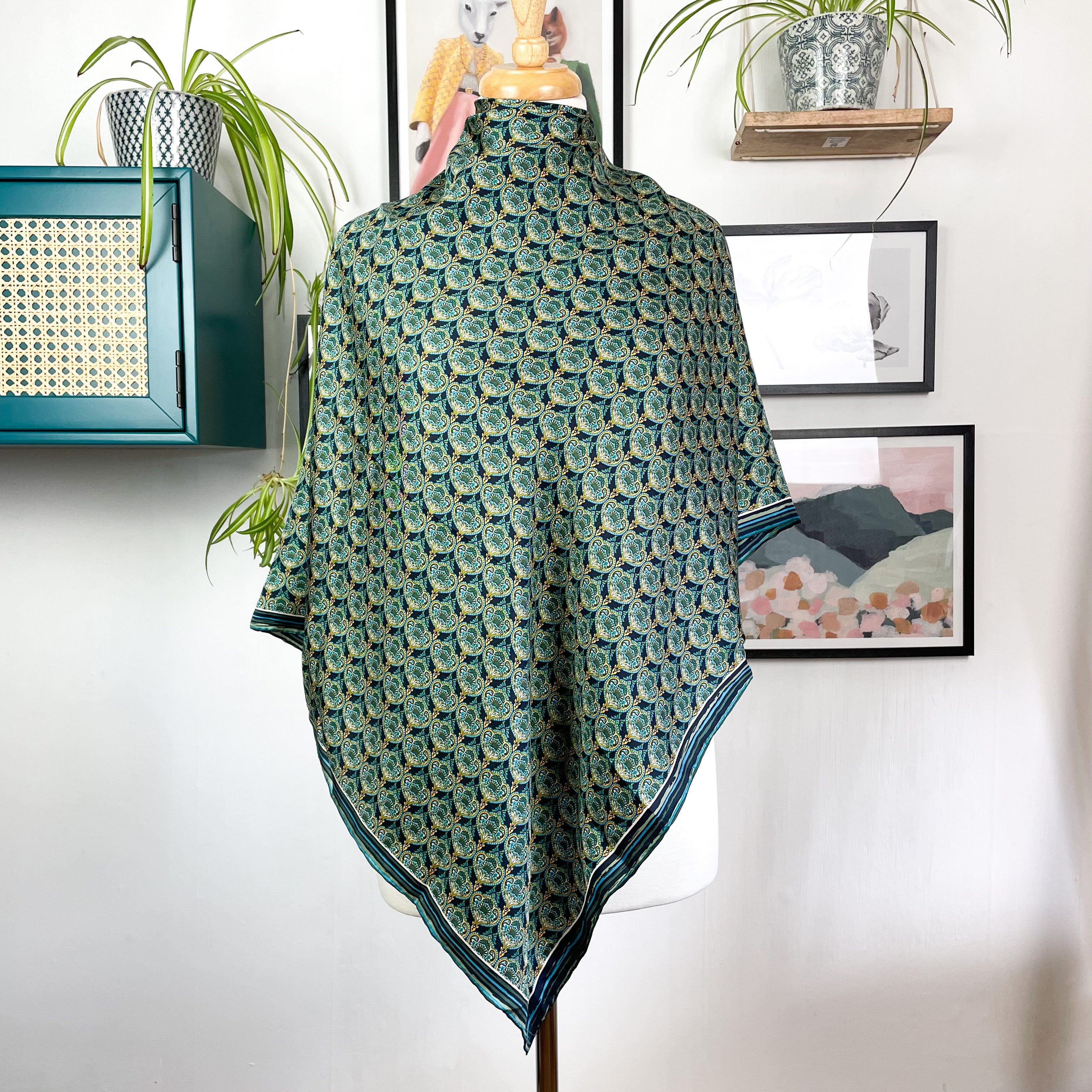 Navy and Greens Large Silk Scarf