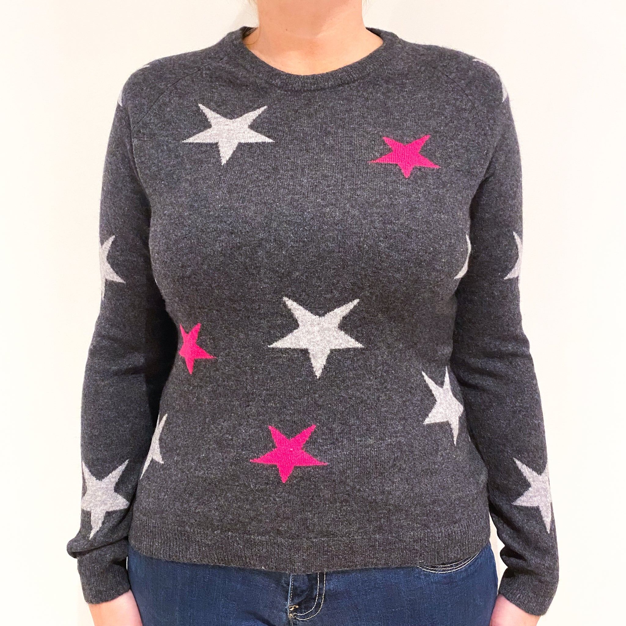 Charcoal Grey Star Patterned Cashmere Crew Neck Jumper Large