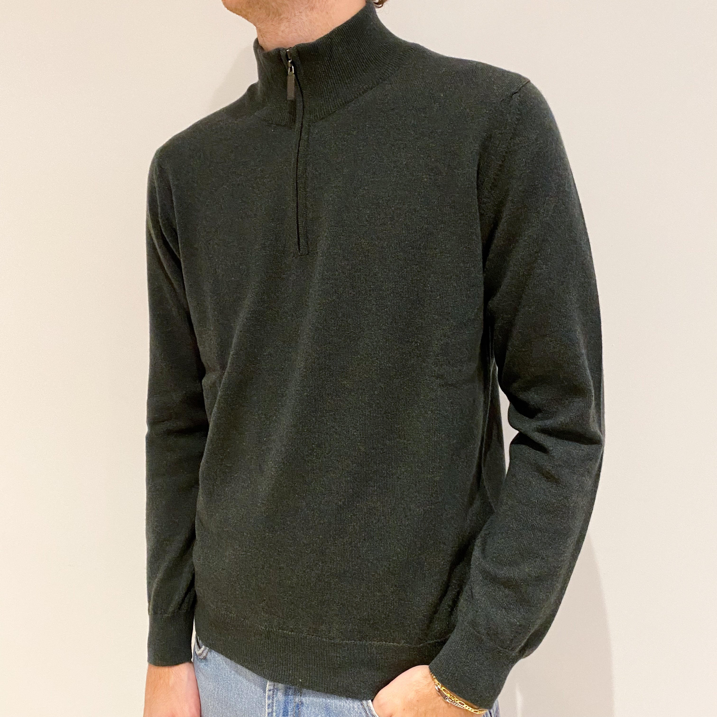 Men’s Brand New Scottish Deep Khaki Green 1/4 Zip Jumper Medium