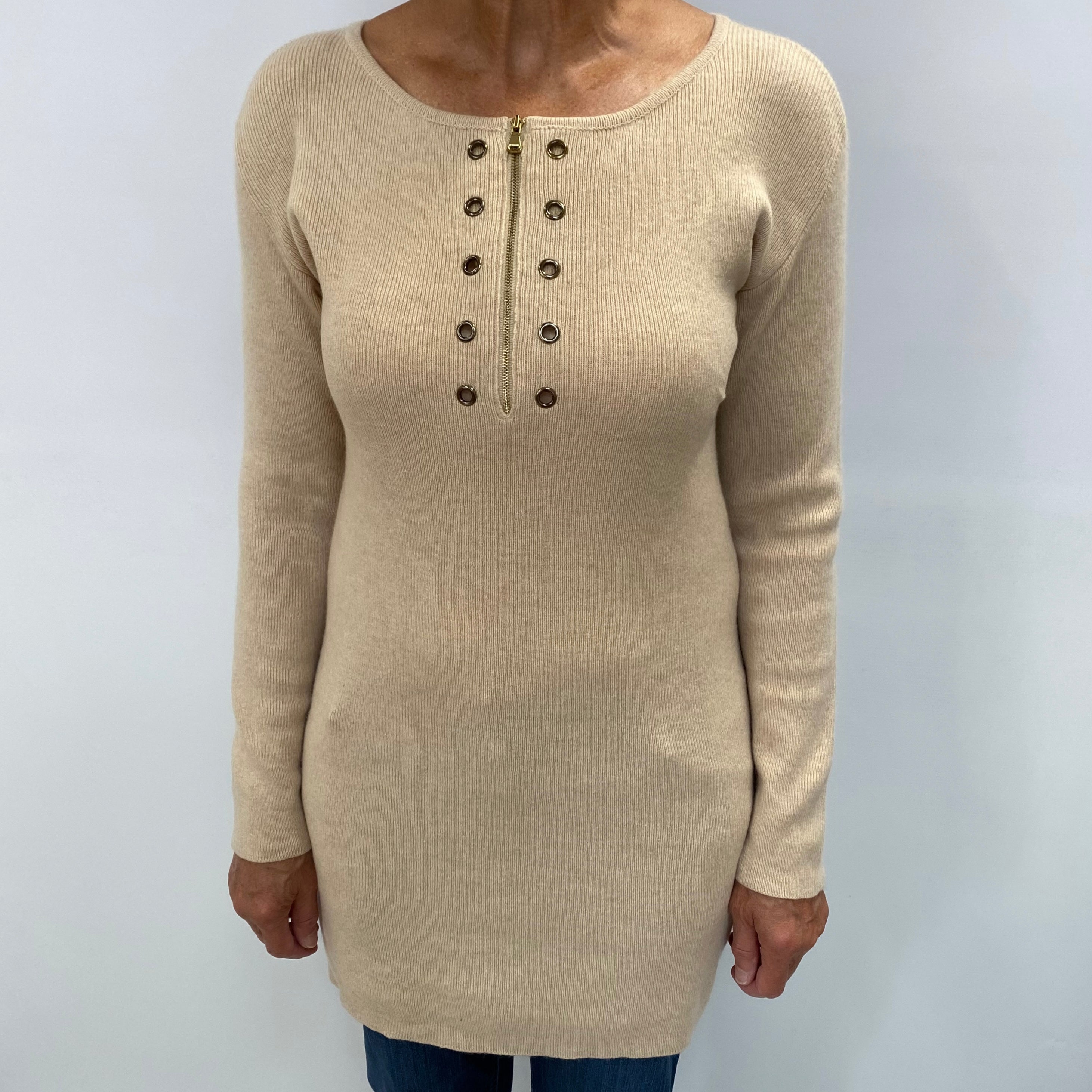 Sand Beige Cashmere Wide Crew Neck Tunic Jumper Medium