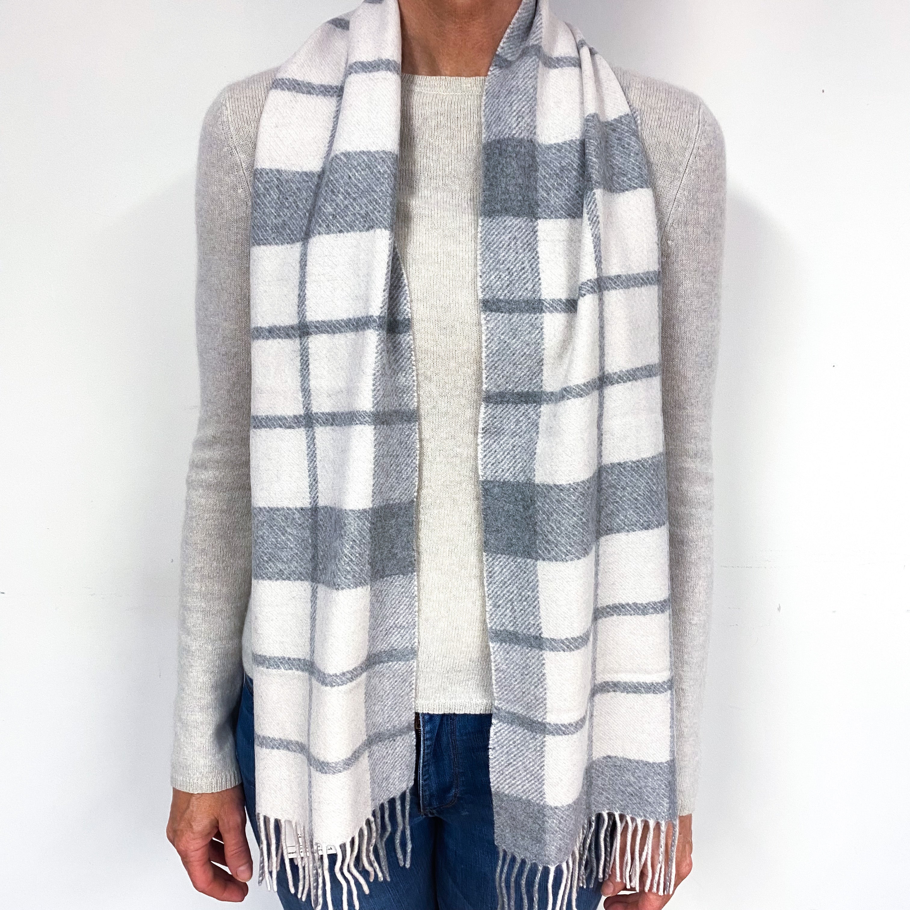 Cream and Grey Tartan Fringed Woven Scarf