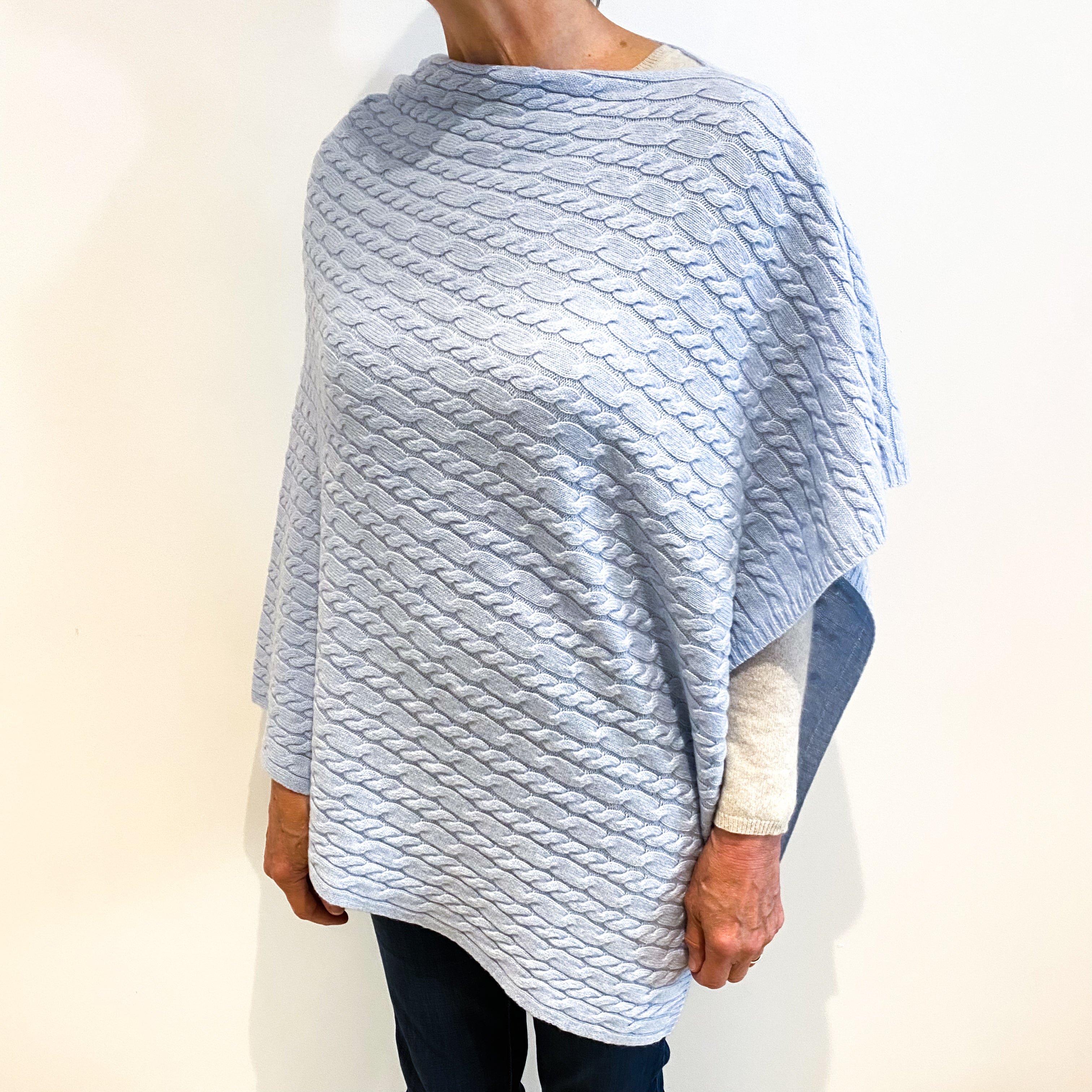 Brand New Scottish Pale Blue Cashmere Cable Poncho One Size