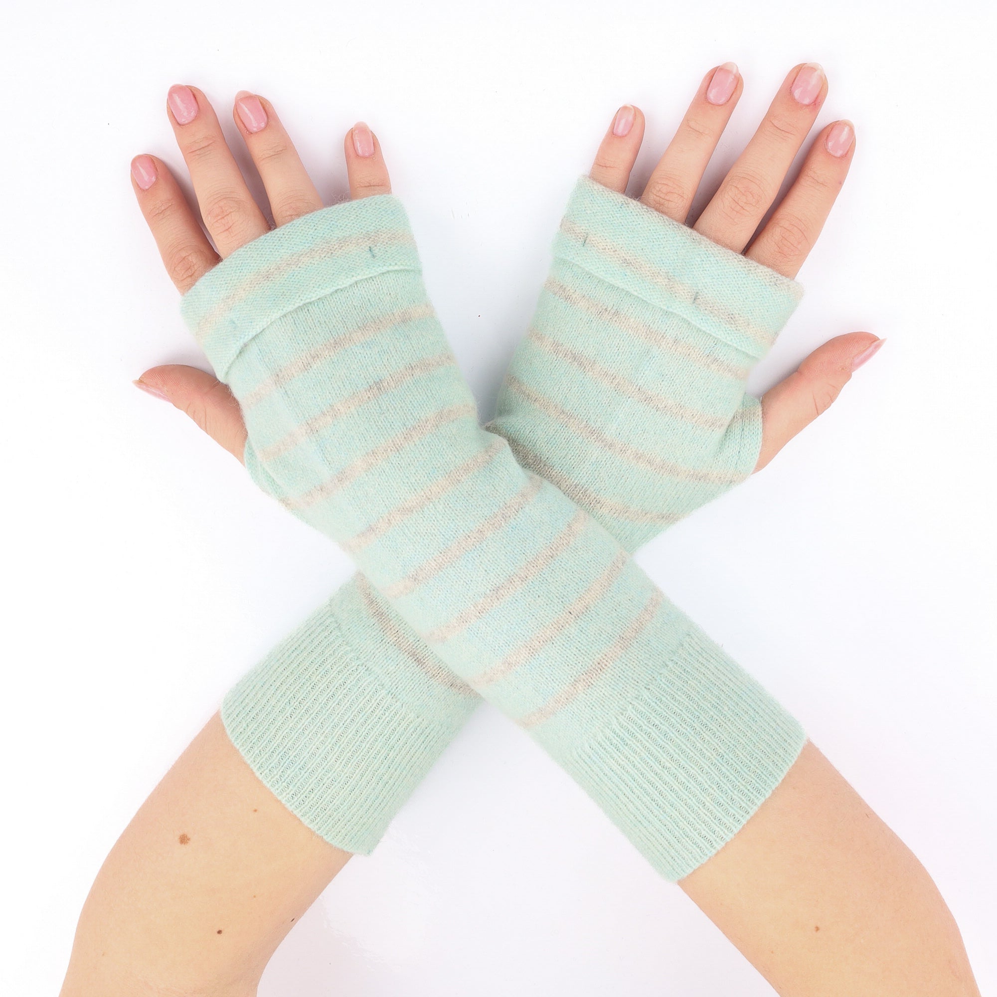 Mint Green and Grey Stripe Fingerless Gloves