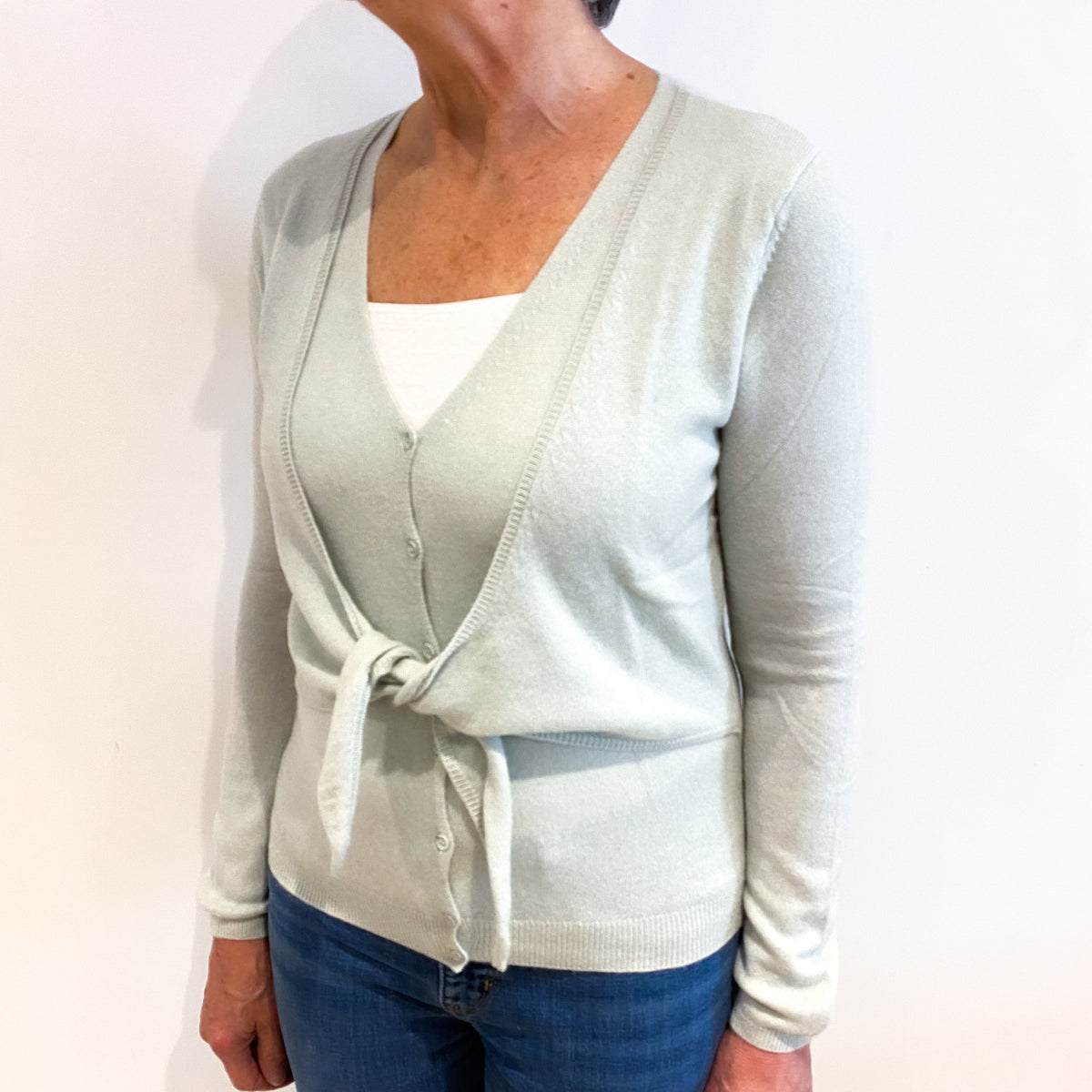 Palest Green V Neck Tie Cardigan Medium