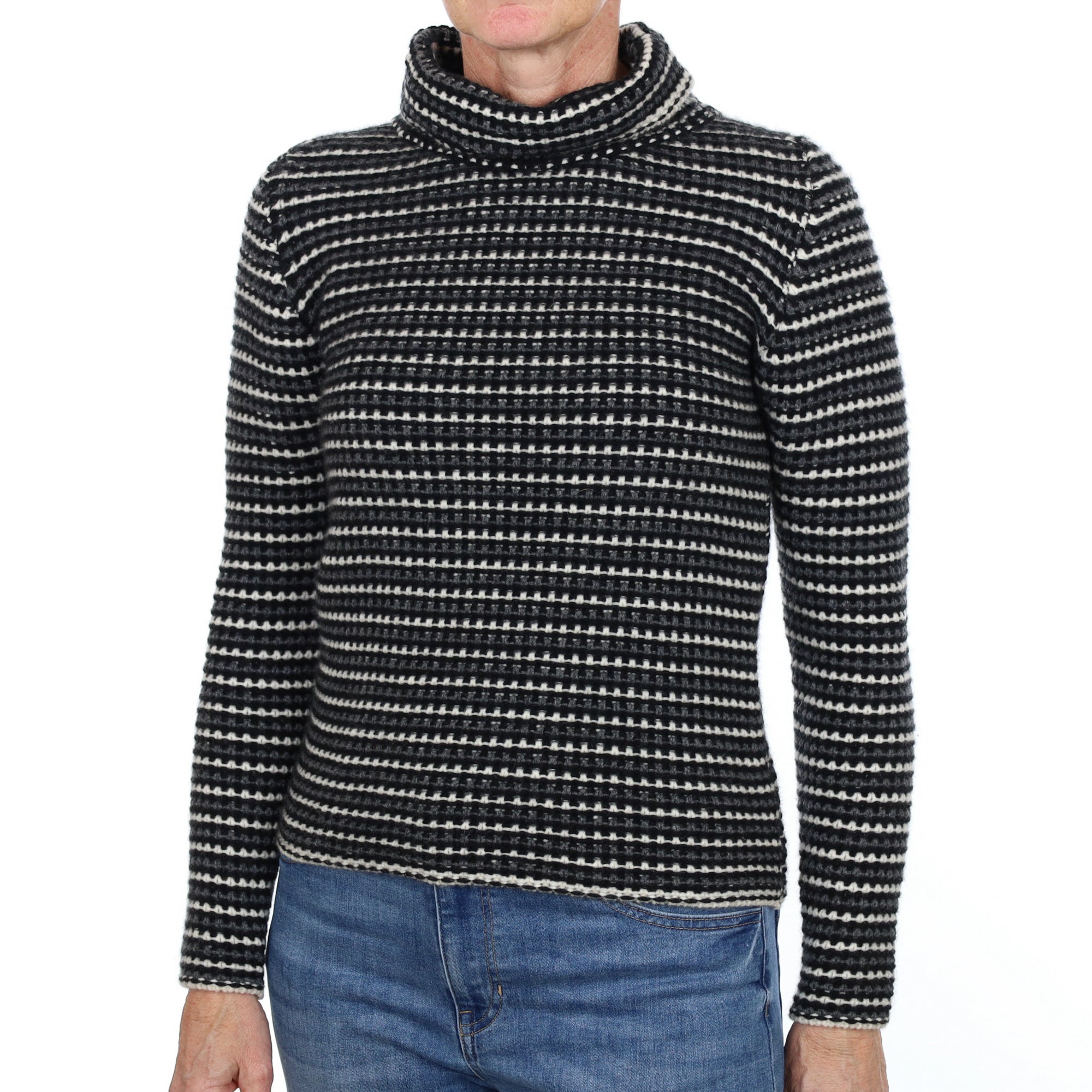 Brand New Scottish Black Patterned Cashmere Polo Neck Jumper Small