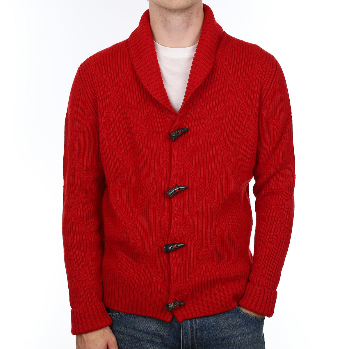Men’s Brand New Scottish Red Chunky Cashmere Shawl Collar Cardigan Large