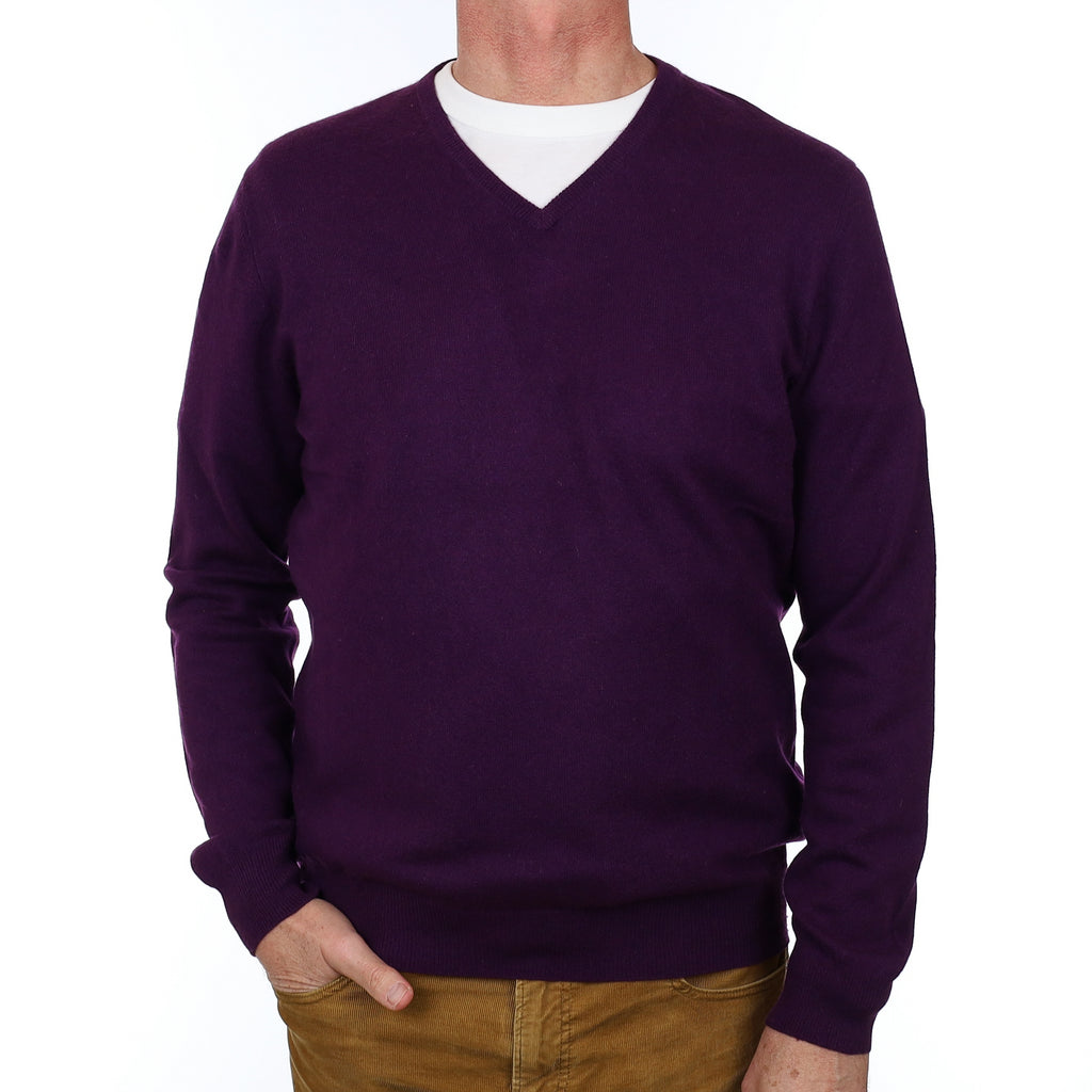 Men’s Deep Purple Cashmere V Neck Jumper Extra Large