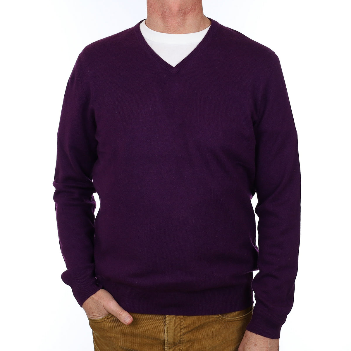 Men’s Deep Purple Cashmere V Neck Jumper Extra Large