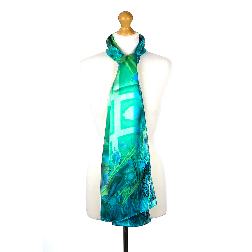 Christian Audigier Green Patterned Silk Scarf