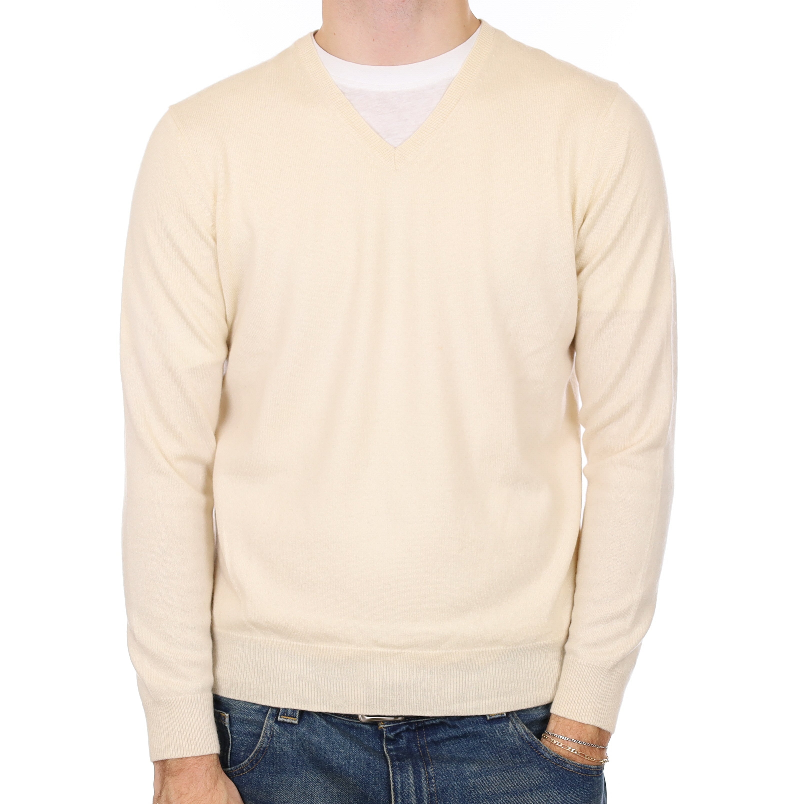 Men’s Ivory Cashmere V Neck Jumper Medium