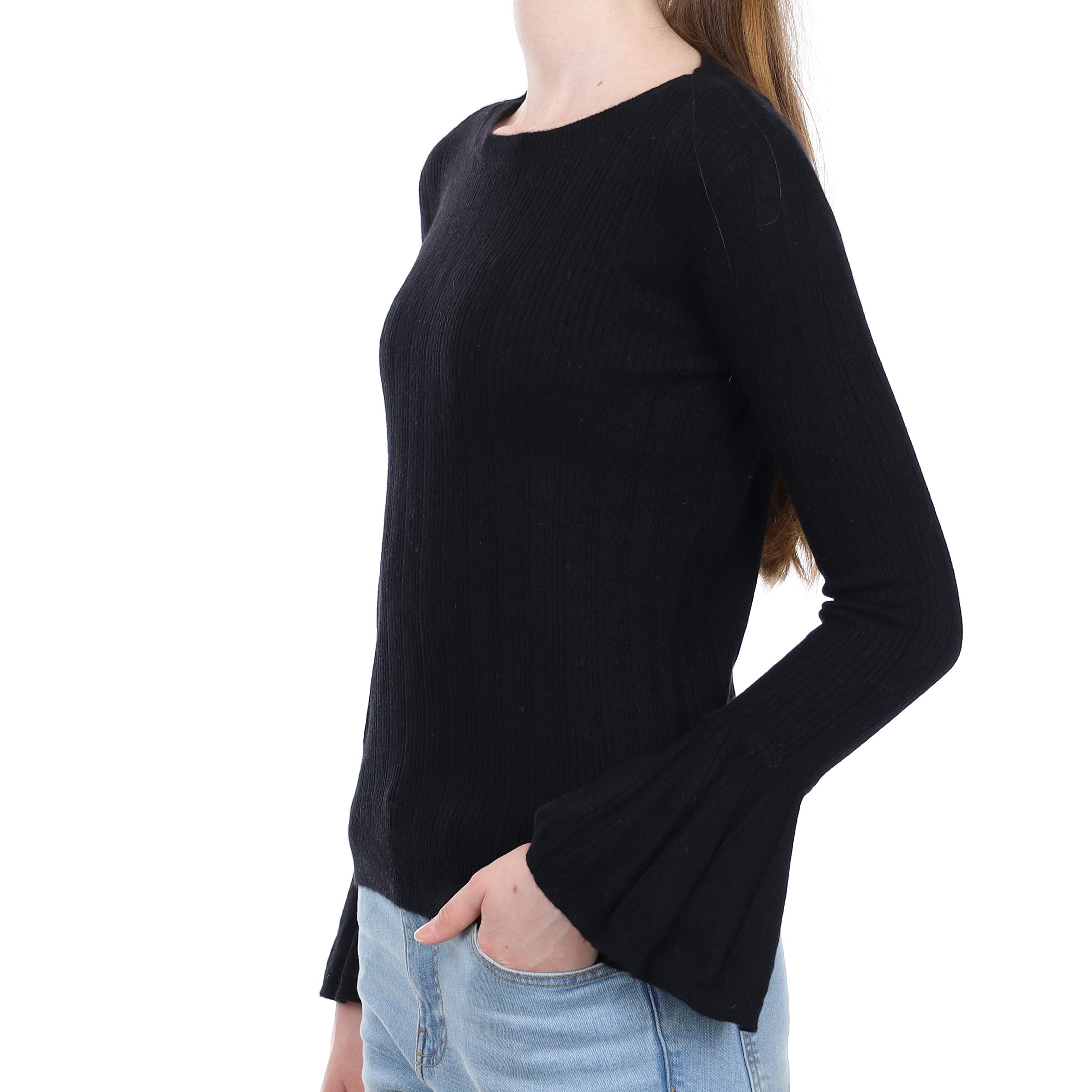 Black Flared Sleeve Cashmere Crew Neck Jumper Extra Small