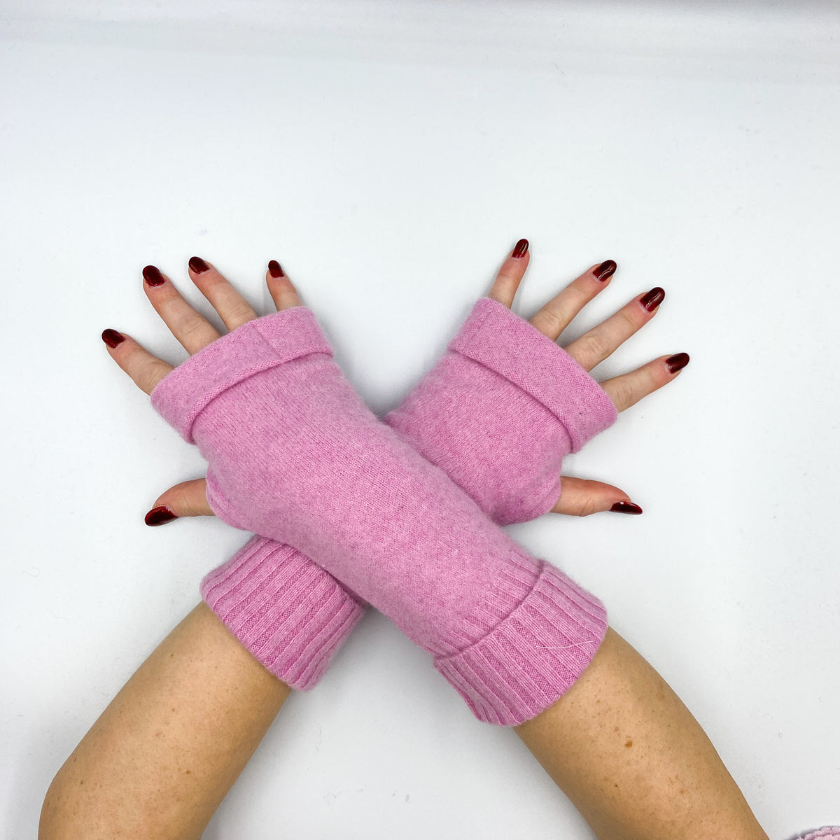 Candy Pink Ribbed Fingerless Gloves