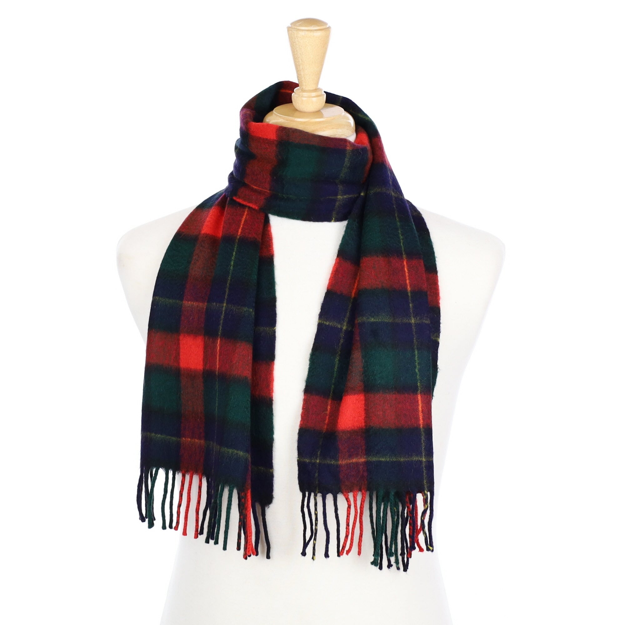 Green Checked Cashmere Fringed Woven Scarf