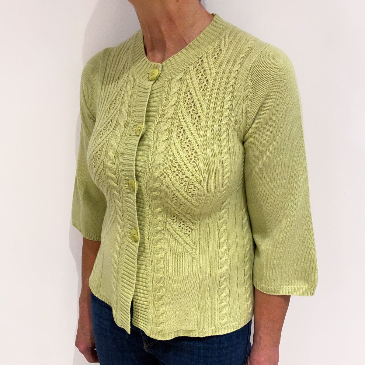 Pistachio Green Textured Cashmere Crew Neck Cardigan Medium