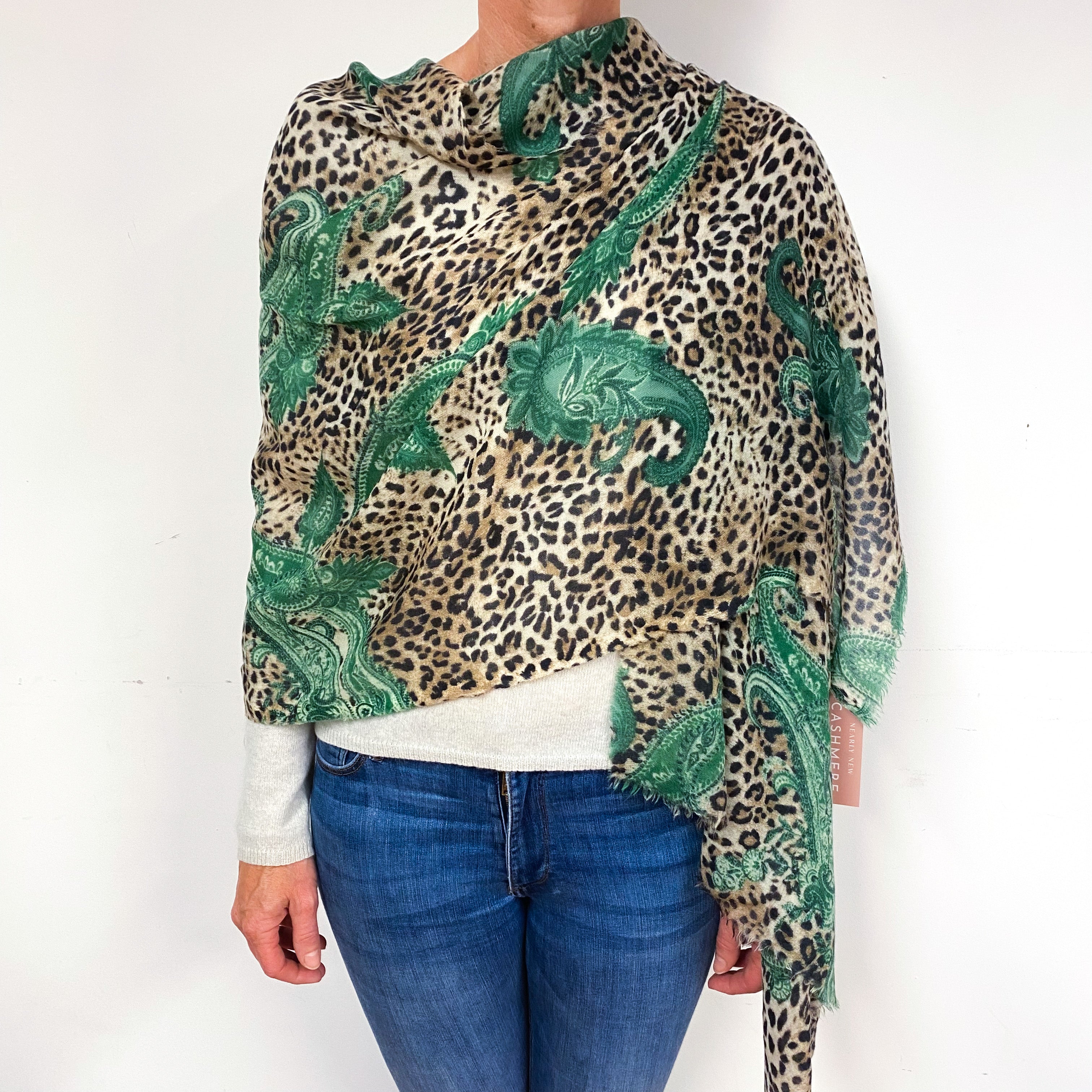 Animal Print and Green Paisley Cashmere Woven Fine Knit Wrap