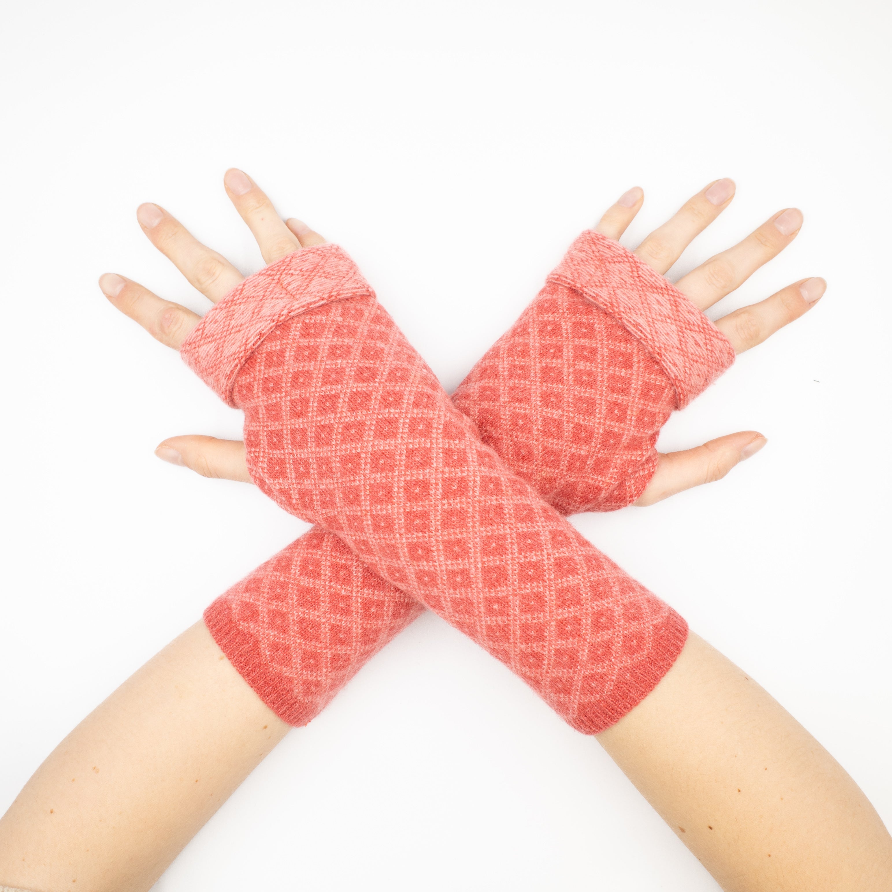 Patterned Strawberry Pink Fingerless Gloves