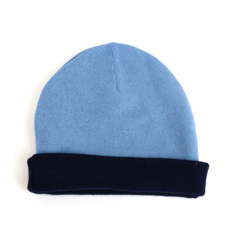 Navy and Cornflower Blue Reversible Cashmere Beanie Hat