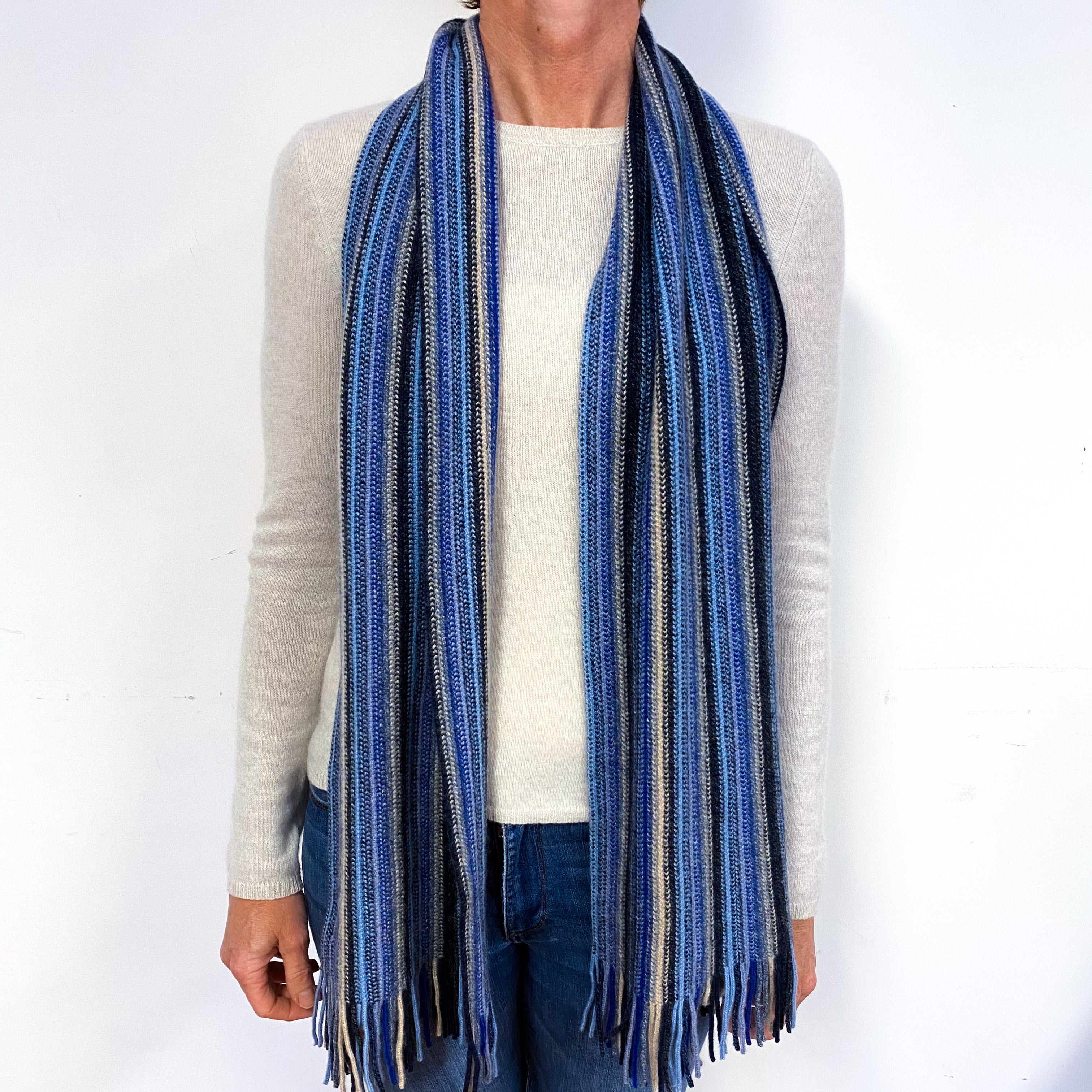 Blue and Beige Stripe Fringed Cashmere knitted Scarf