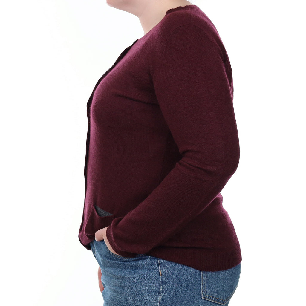 Bramble Purple Cashmere Crew Neck Cardigan with Pockets Large